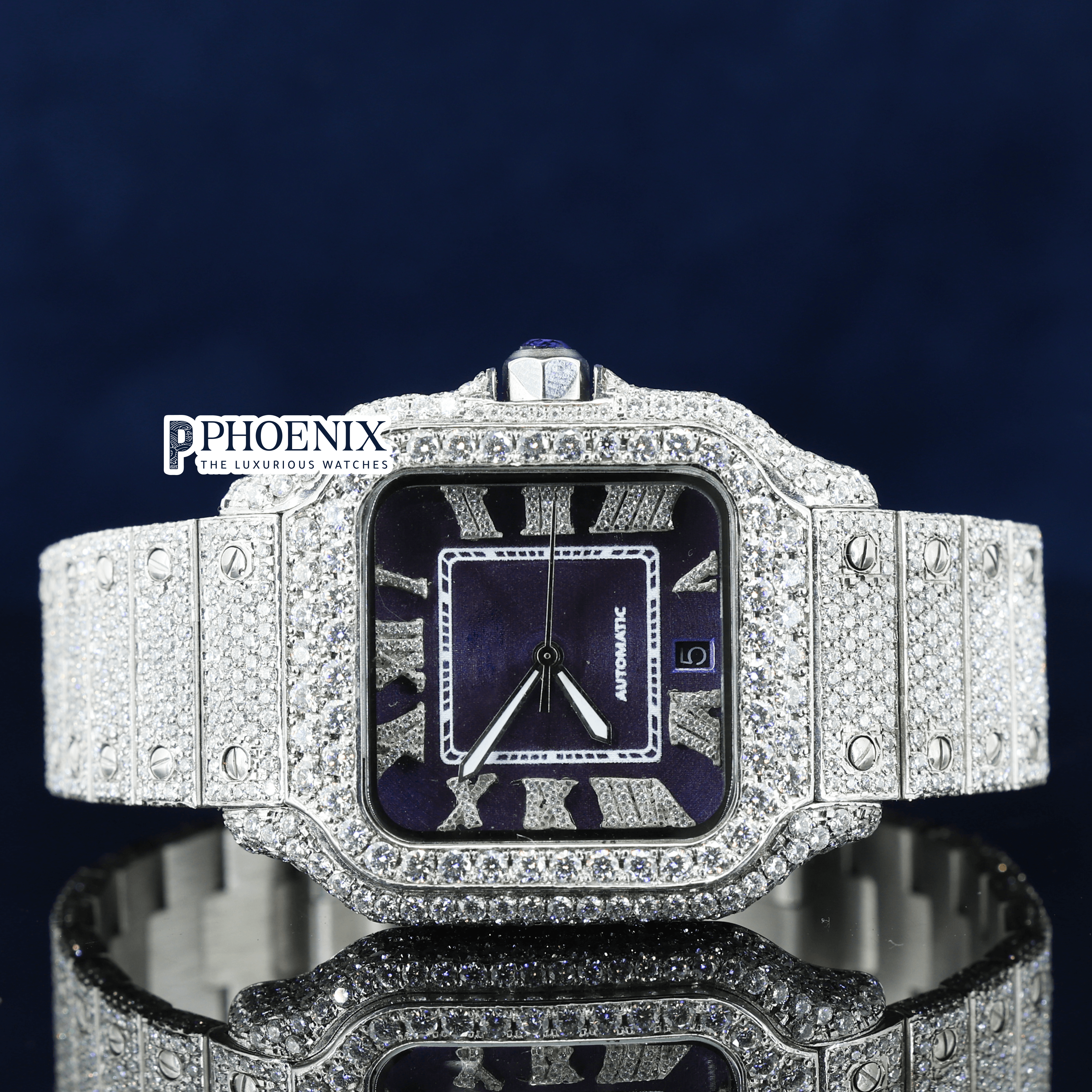 Roman Numerals Purple Dial Fully Iced Out Moissanite Diamond Cartier Watch