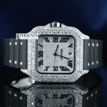 White Dial Black Roman Numerals Black Leather Strap Moissanite Diamond Cartier Watch