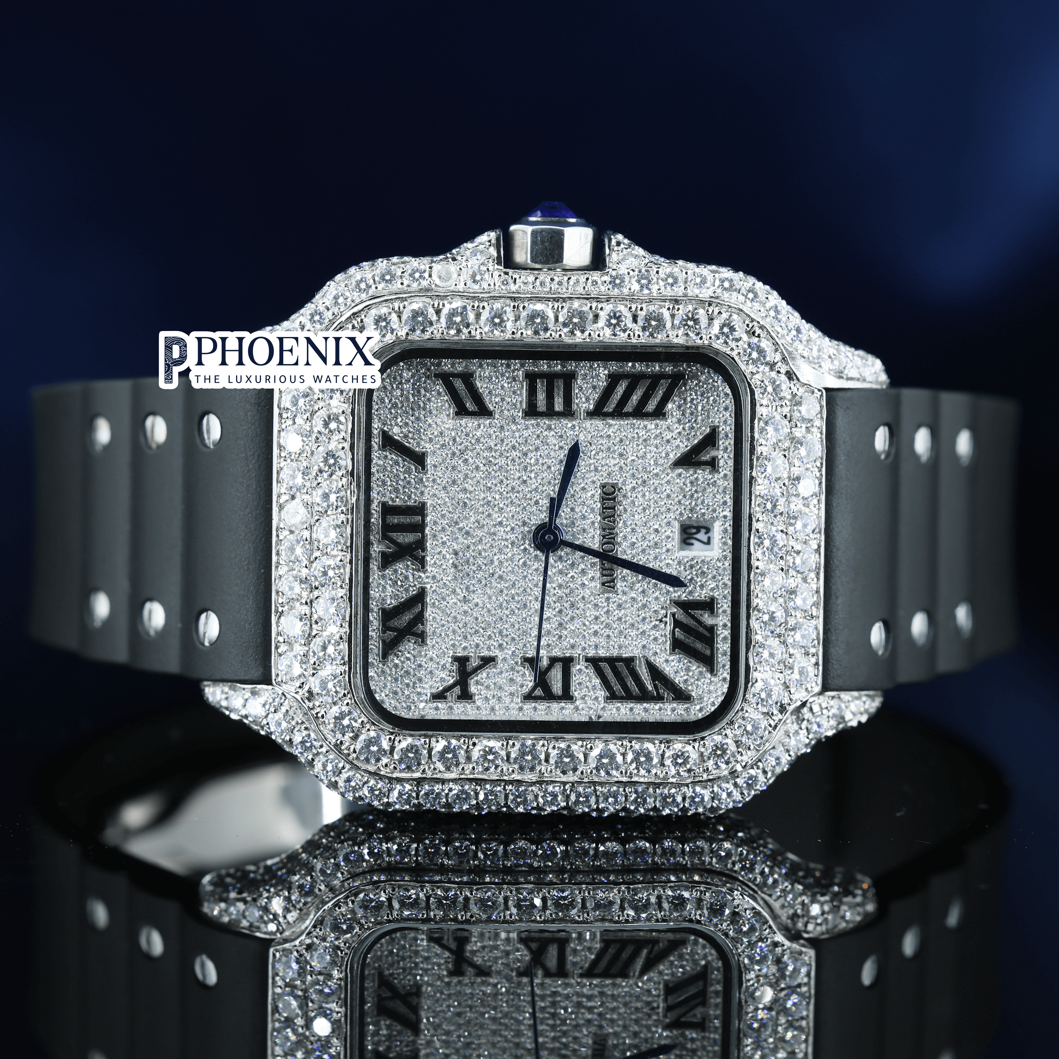 White Dial Black Roman Numerals Black Leather Strap Moissanite Diamond Cartier Watch