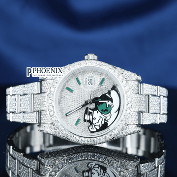 Diamond Bezel Silver Roman Dial Green Stick Markers Full Iced Out Moissanite Watch