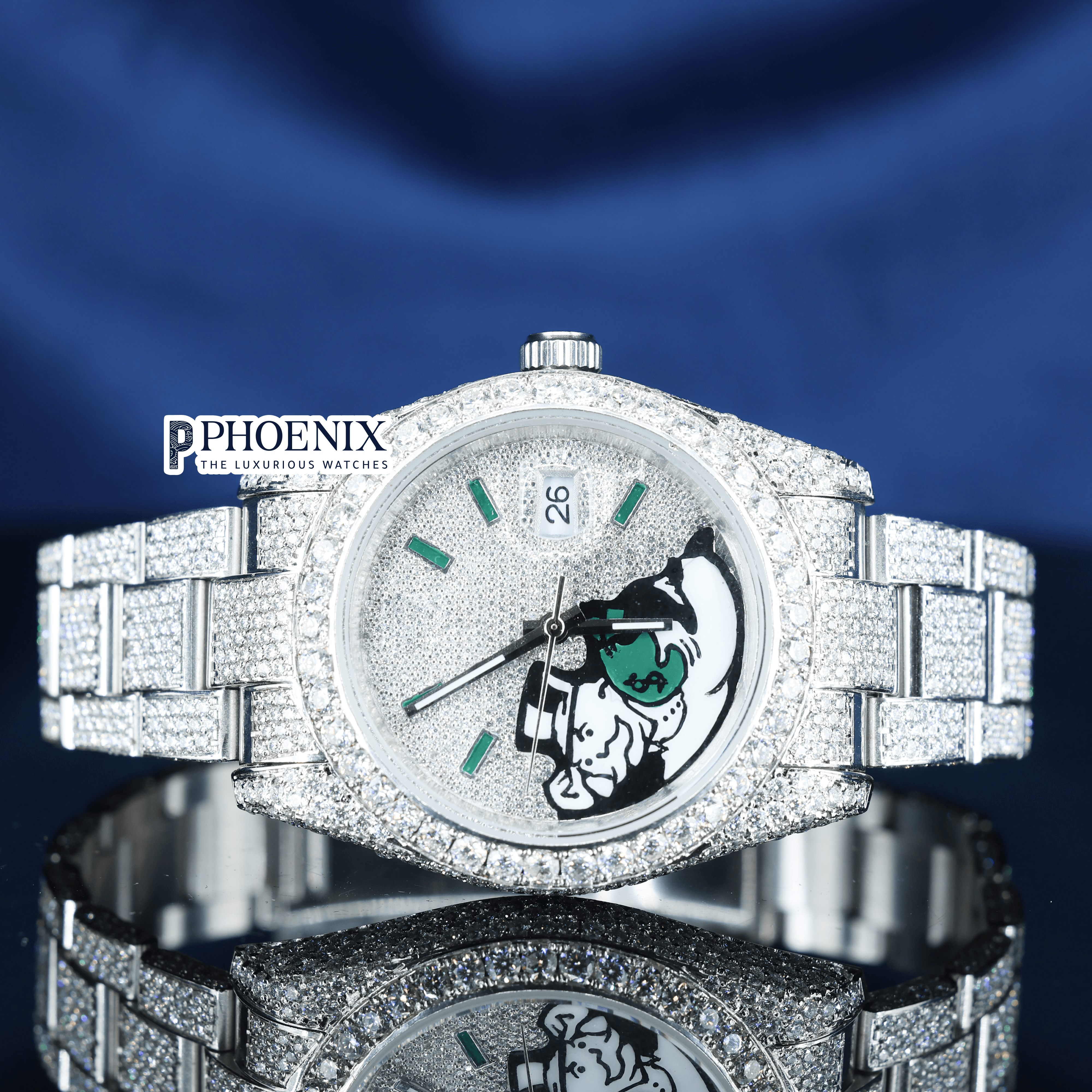 Diamond Bezel Silver Roman Dial Green Stick Markers Full Iced Out Moissanite Watch