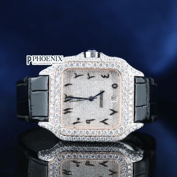 Arabic Numerals Rose Gold Dial Black Leather Strap Semi Iced Out Moissanite Cartier Watch