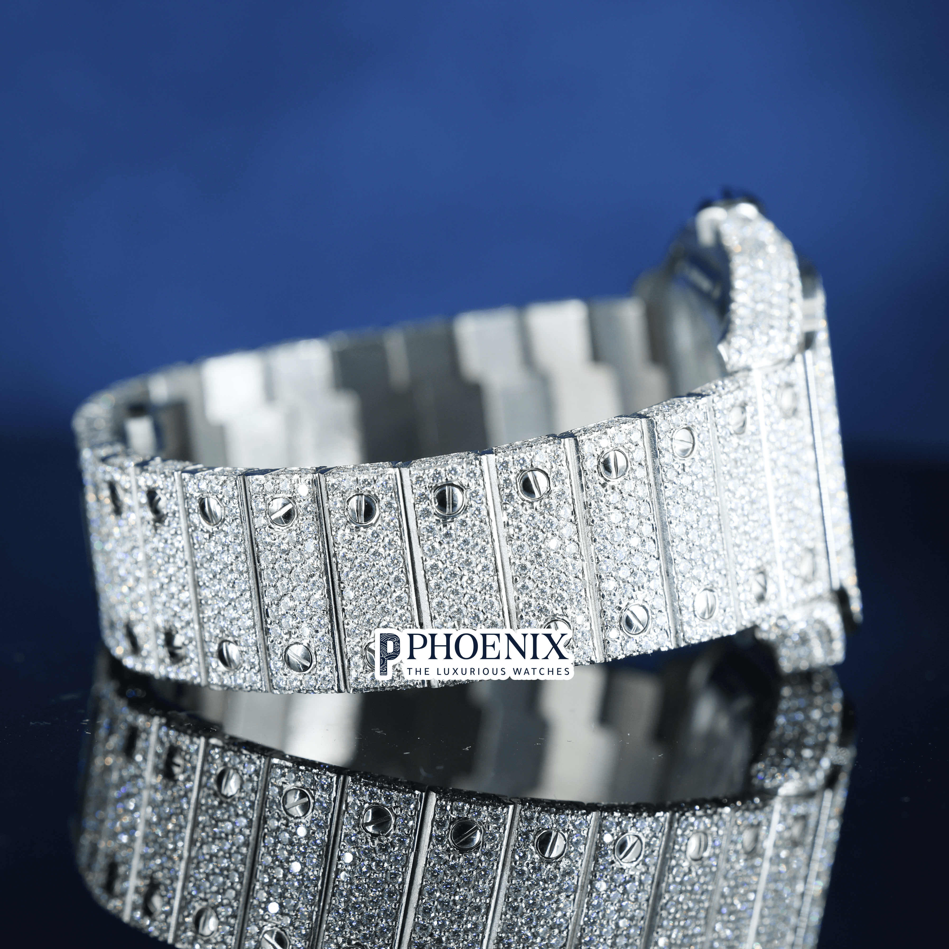 White Gold Skeleton Dial Diamond Bar Strap Moissanite Cartier Watch