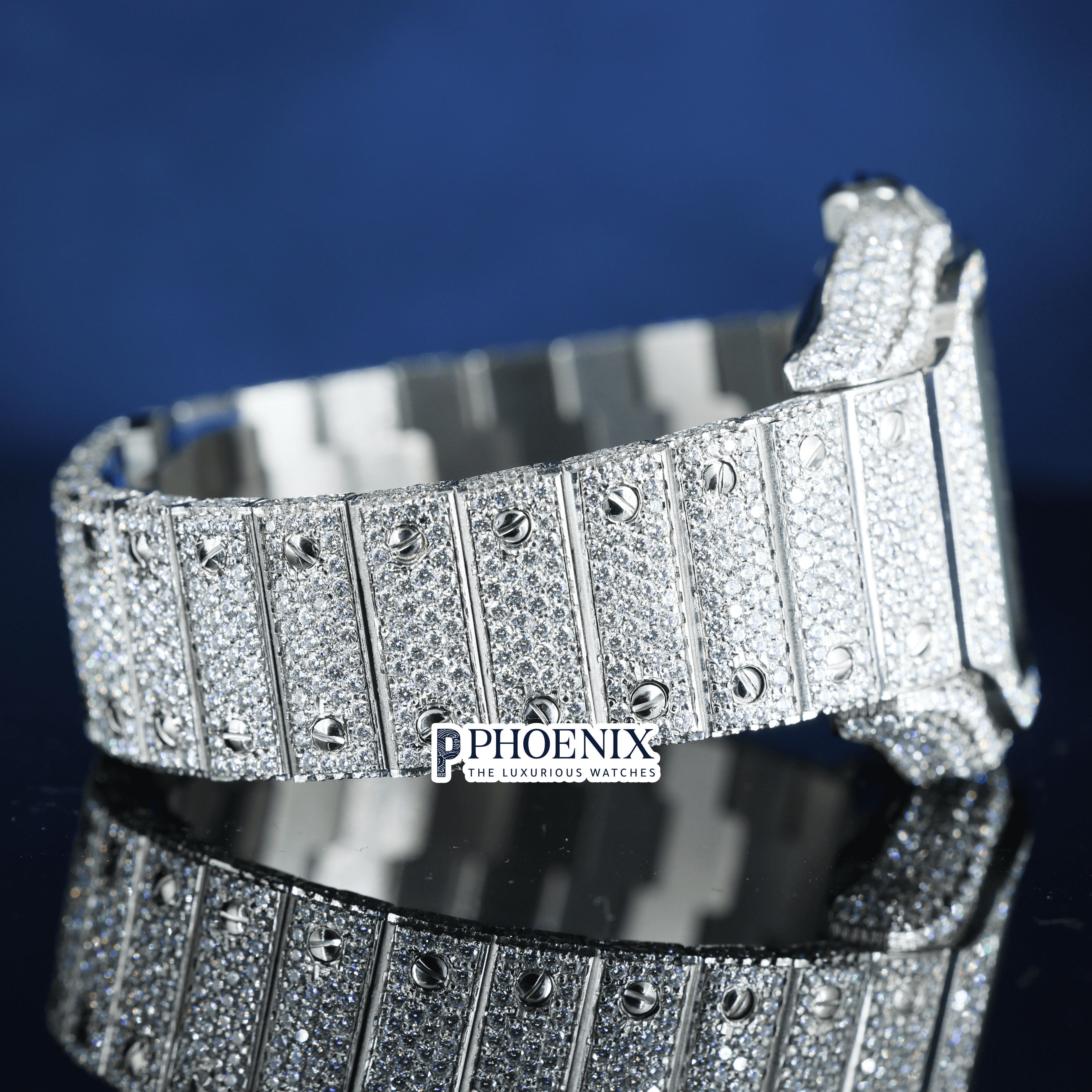 Black Roman Numerals White Dial Black Hands Full Iced Out Moissanite Cartier Watch