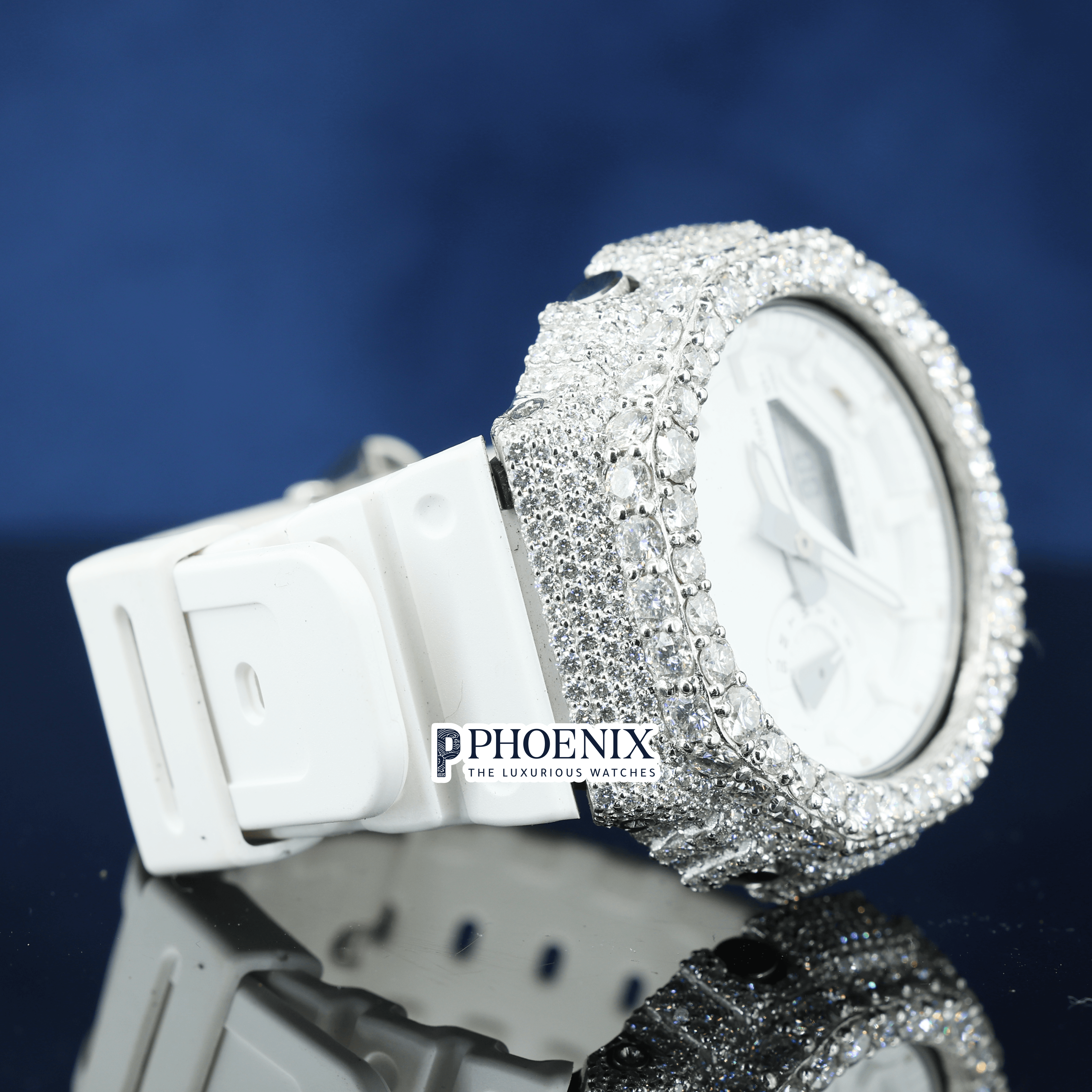 Custom Dial Iced Out White Gshock Watch with White Strap