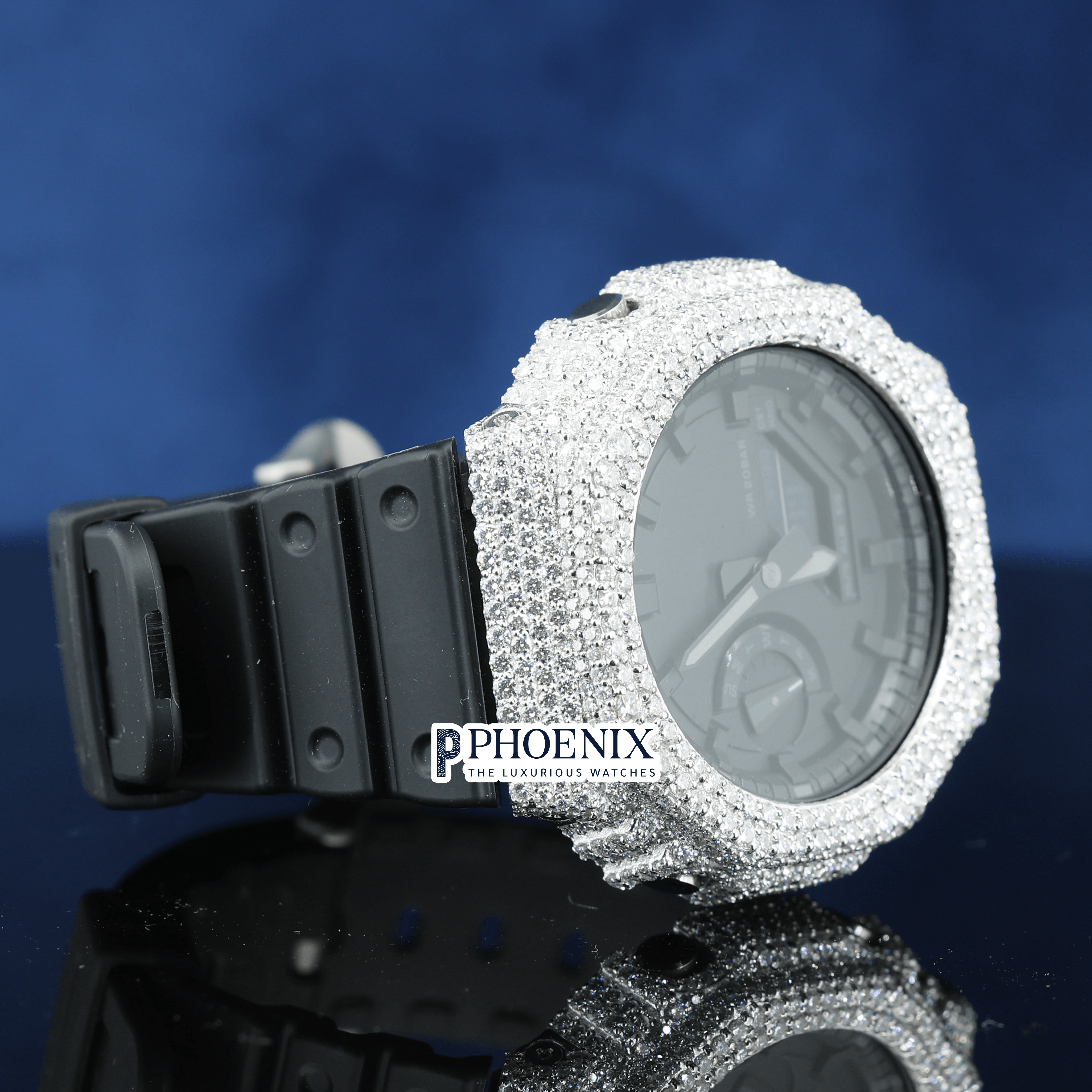 Custom Black Dial Iced Out White Gshock Watch with Black Strap