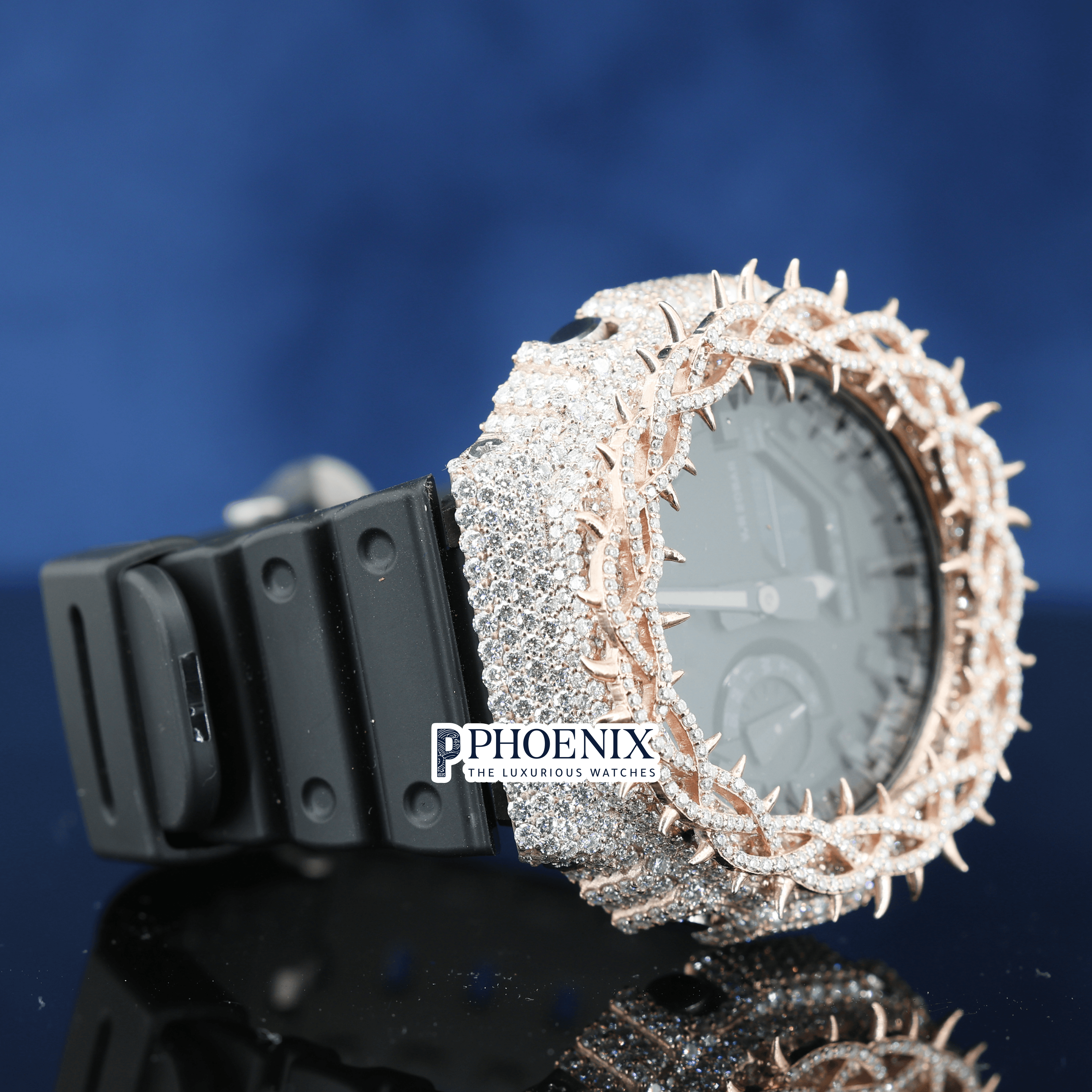 Custom Black Dial Iced Out Rose Gold Thorn Gshock Watch with Black Strap