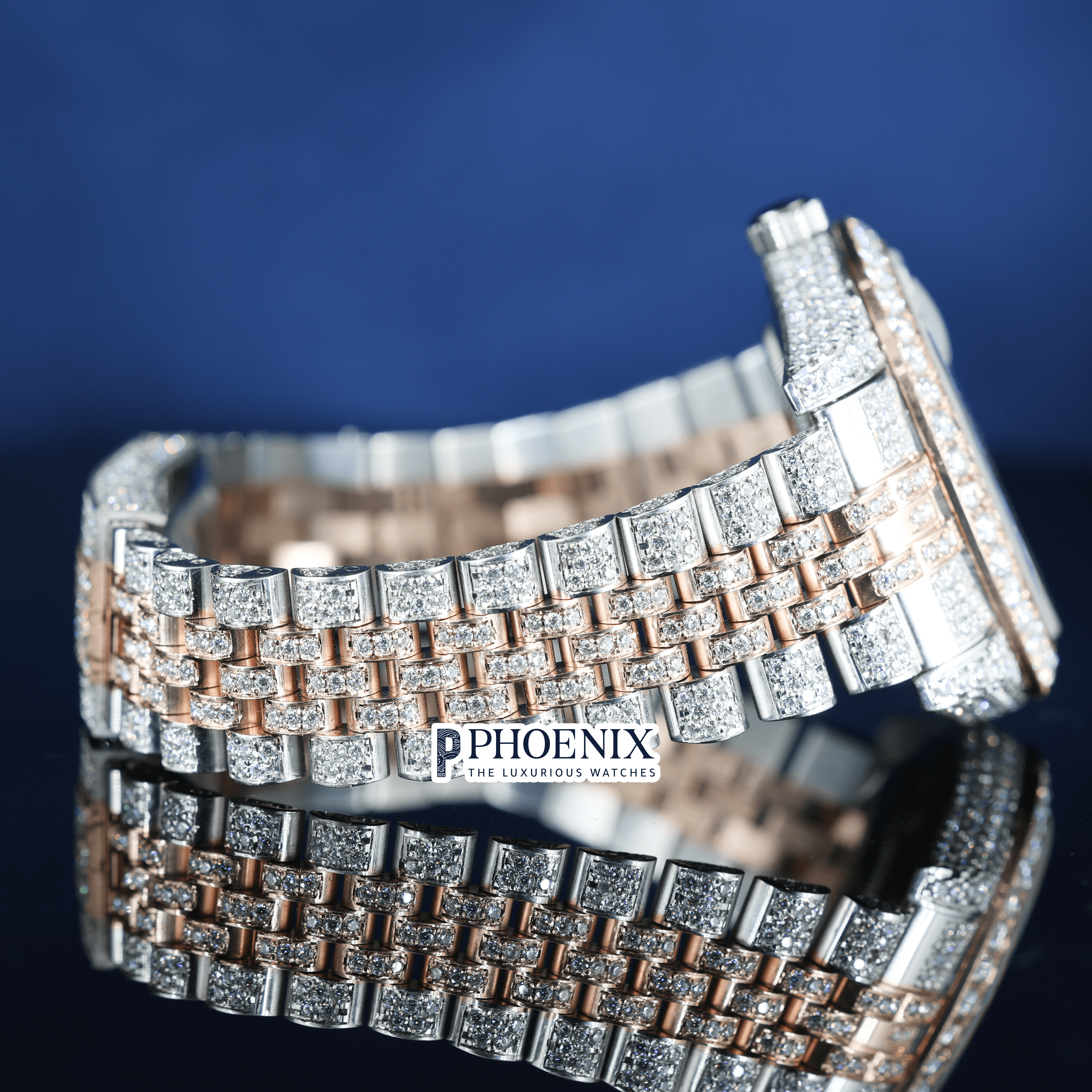 Rose Gold Dial Roman Numerals Fully Iced Out Moissanite Diamond Rolex Watch