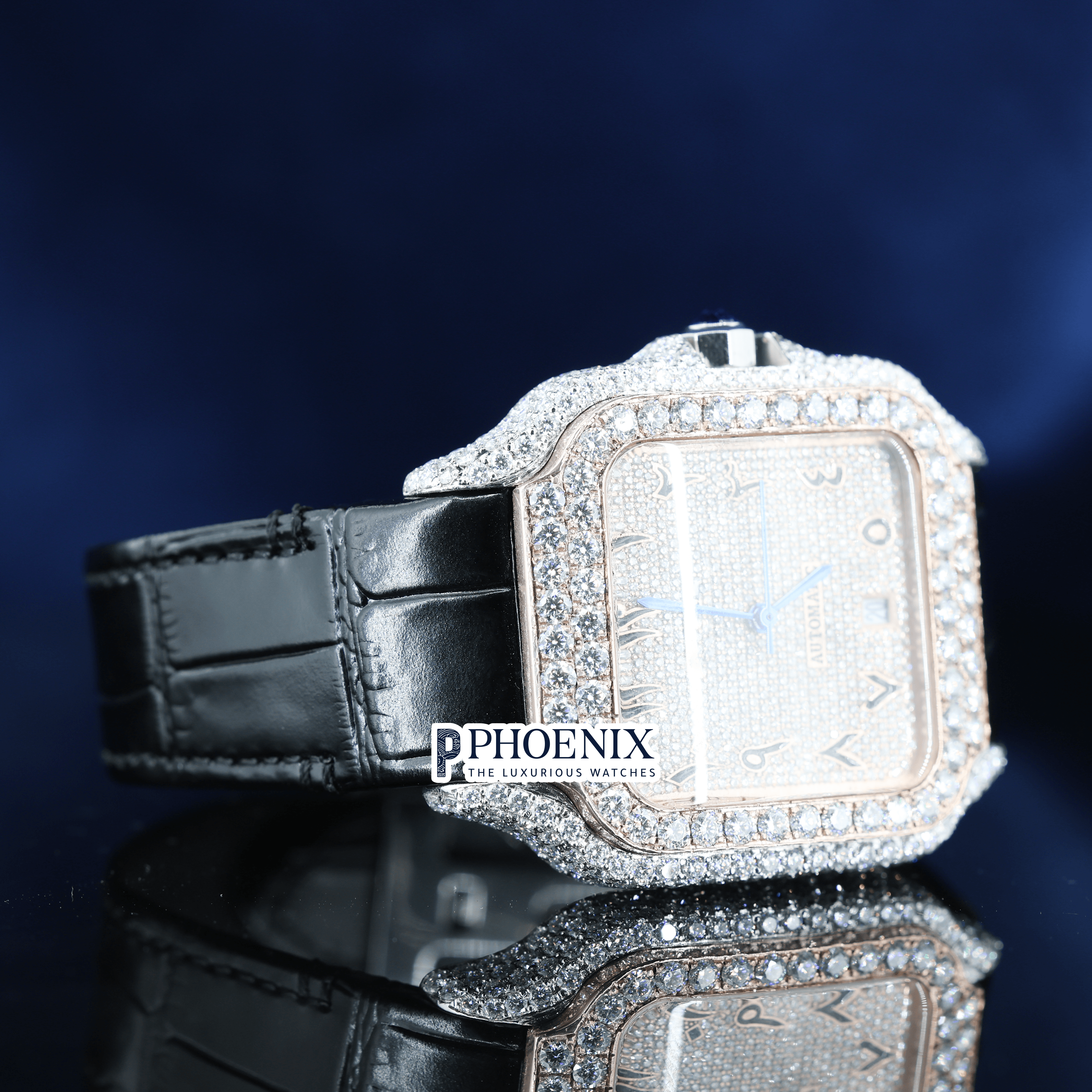 Arabic Numerals Rose Gold Dial Black Leather Strap Semi Iced Out Moissanite Cartier Watch