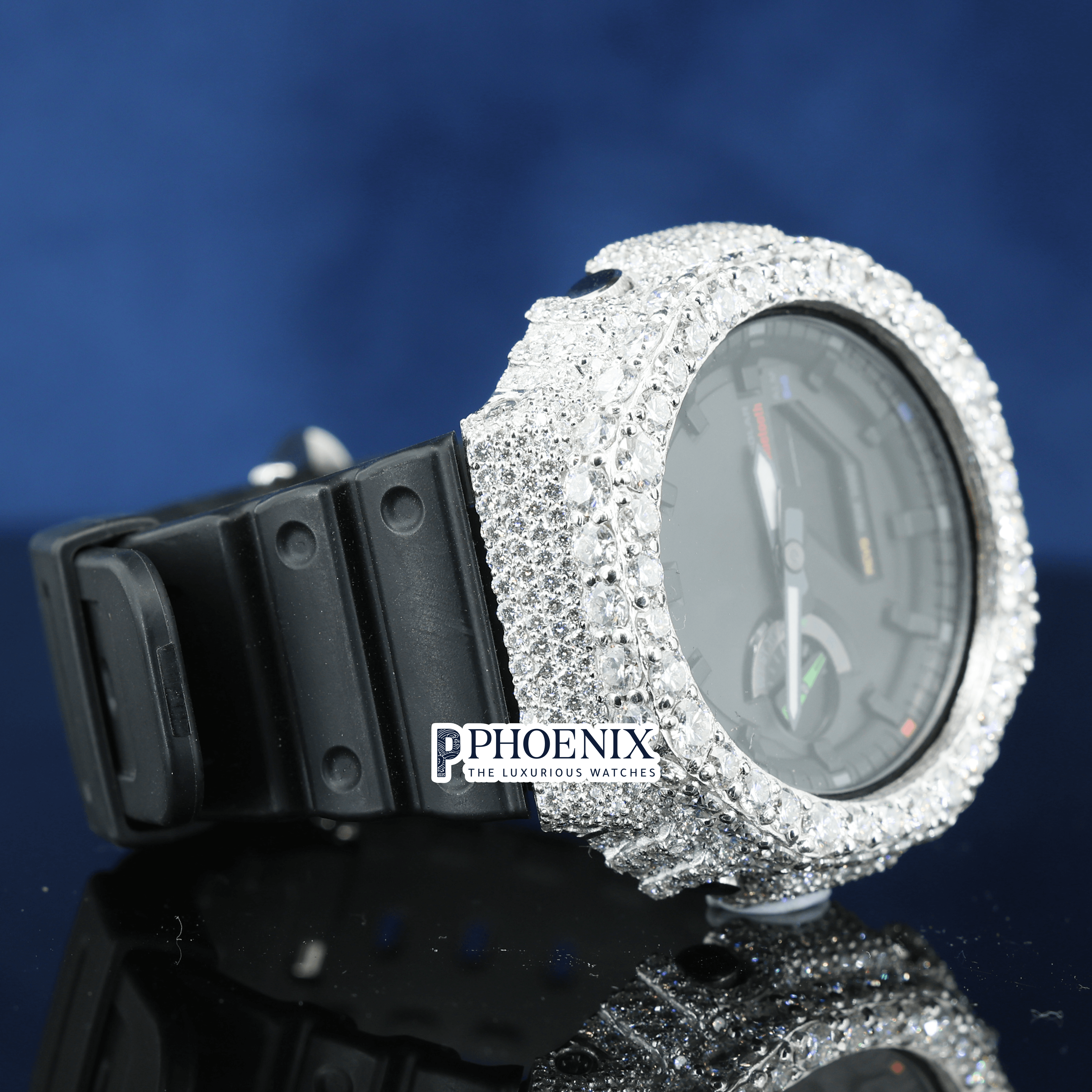 Custom Black Dial Iced Out Gshock Watch with Black Strap and Multicolor Markers