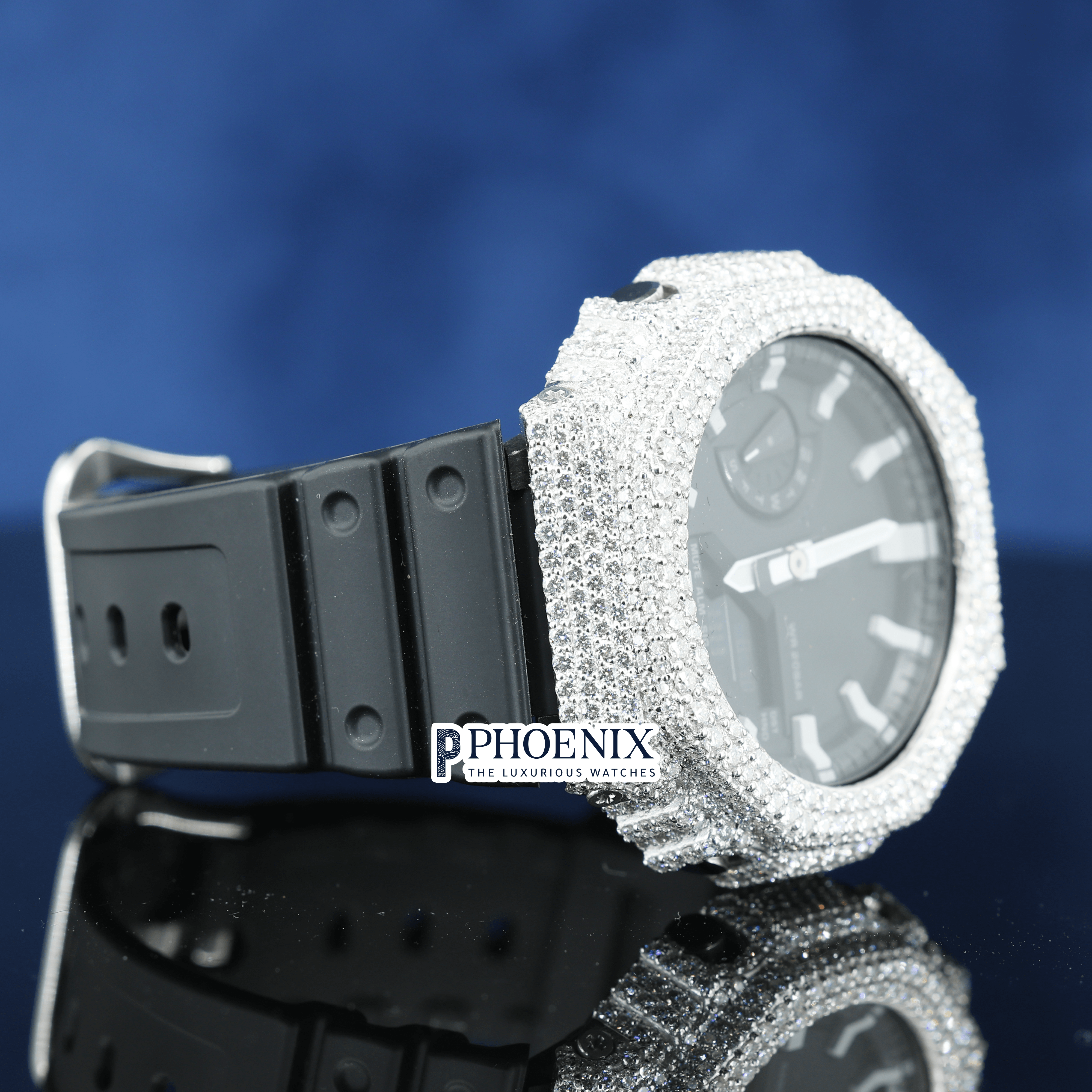 Custom Black Dial Iced Out White Gshock Watch with Black Strap and White Markers
