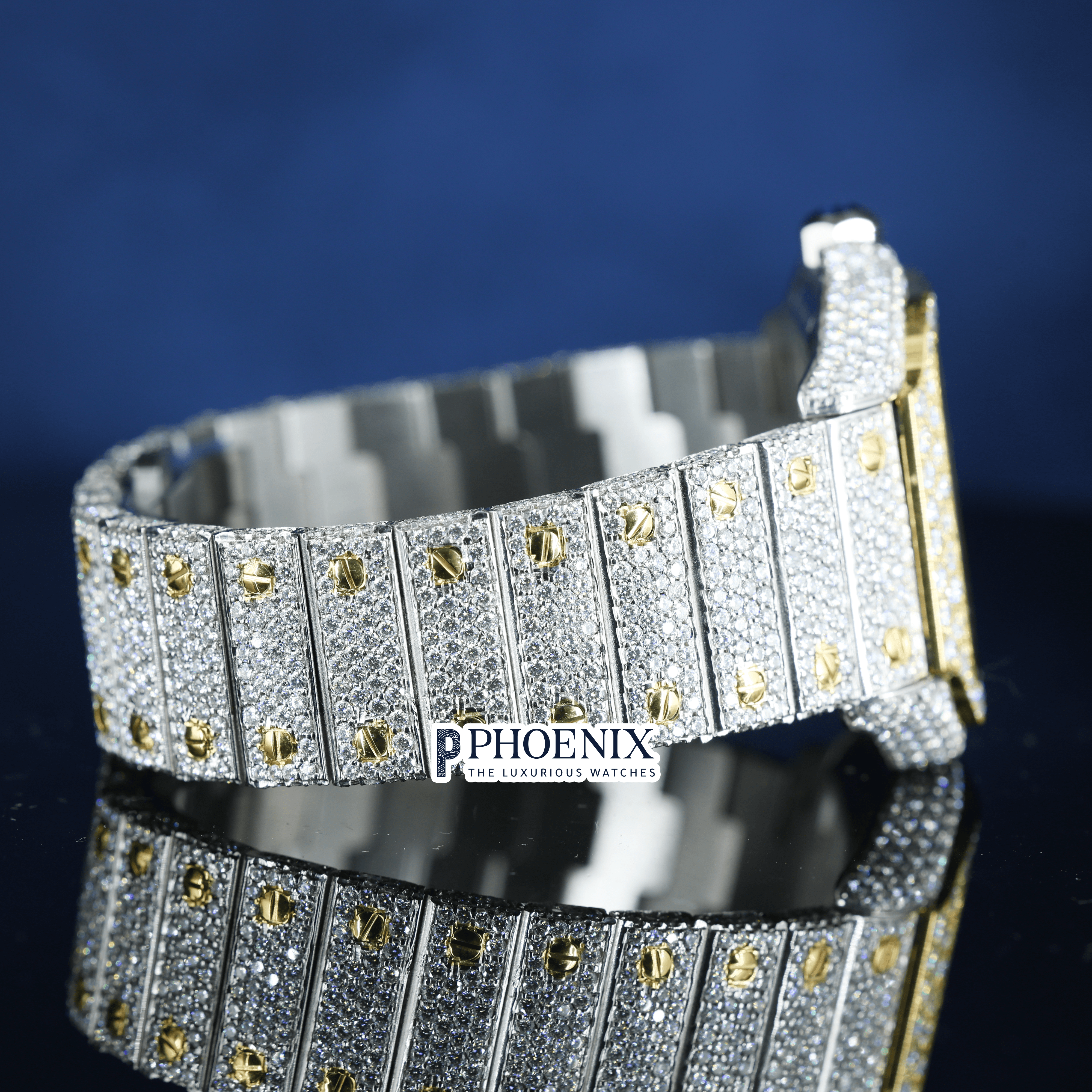 Yellow Gold Skeleton Dial Two Tone Diamond Bar Strap Moissanite Cartier Watch