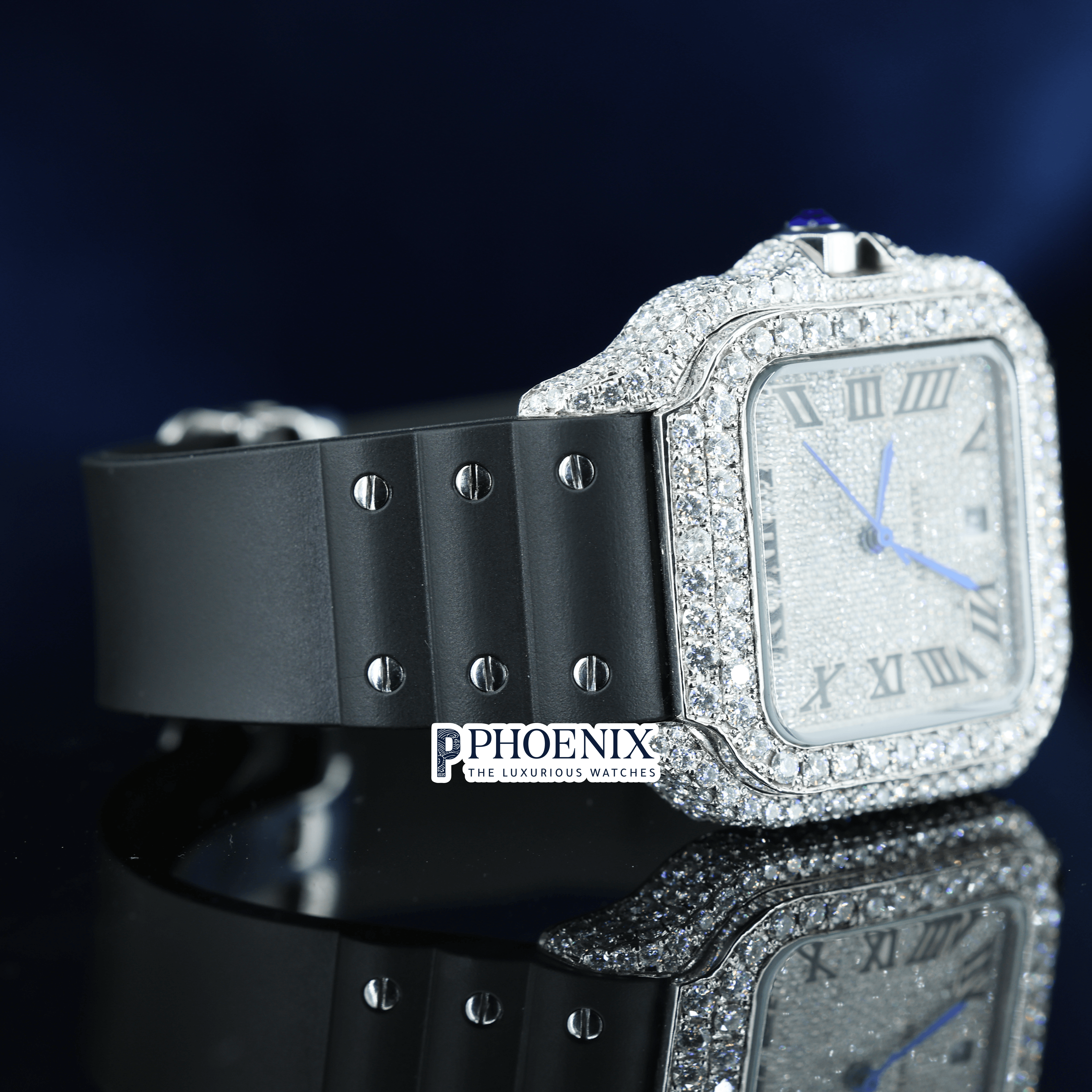 White Dial Black Roman Numerals Black Leather Strap Moissanite Diamond Cartier Watch