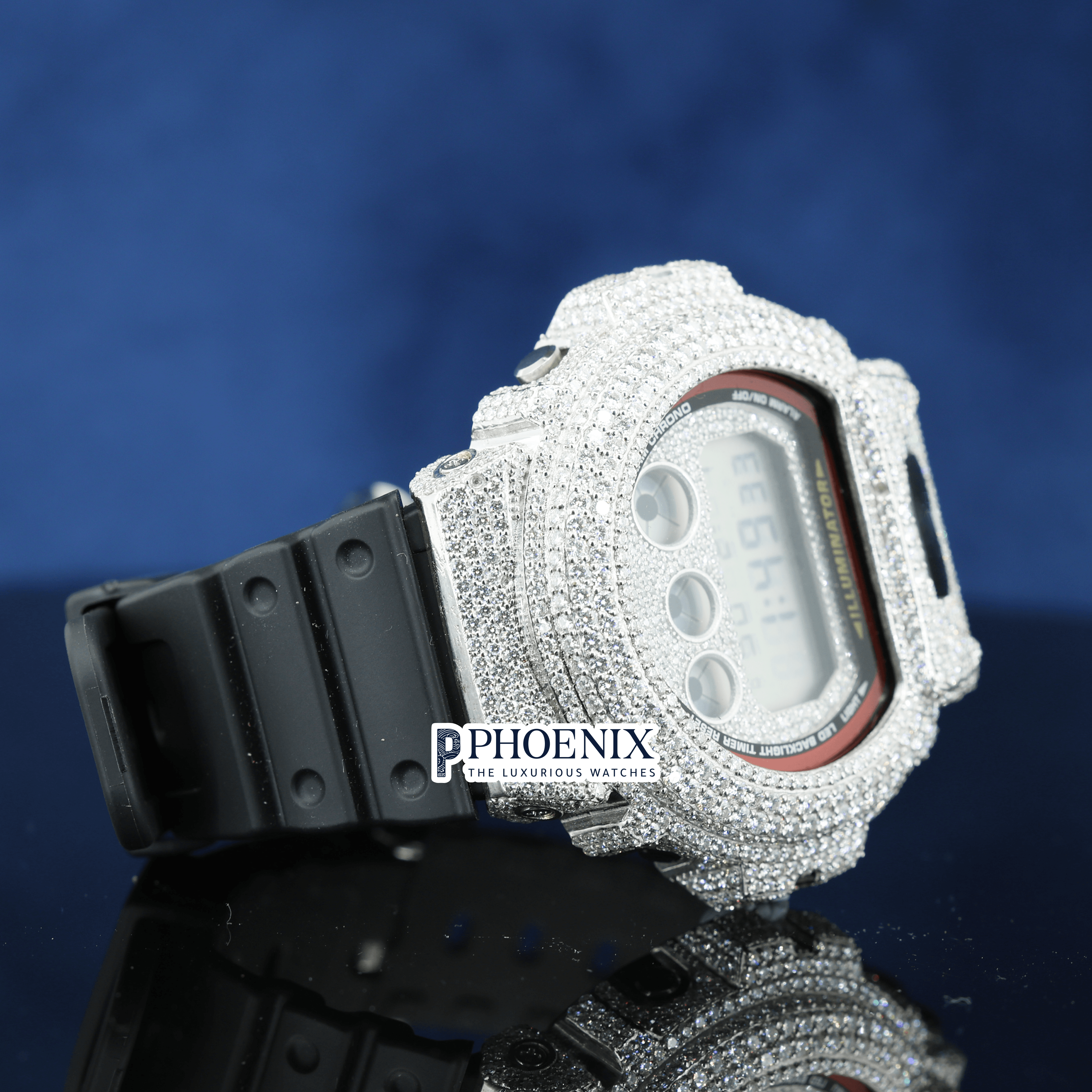 Custom Dial Iced Out White Digital Gshock Watch with Black Strap