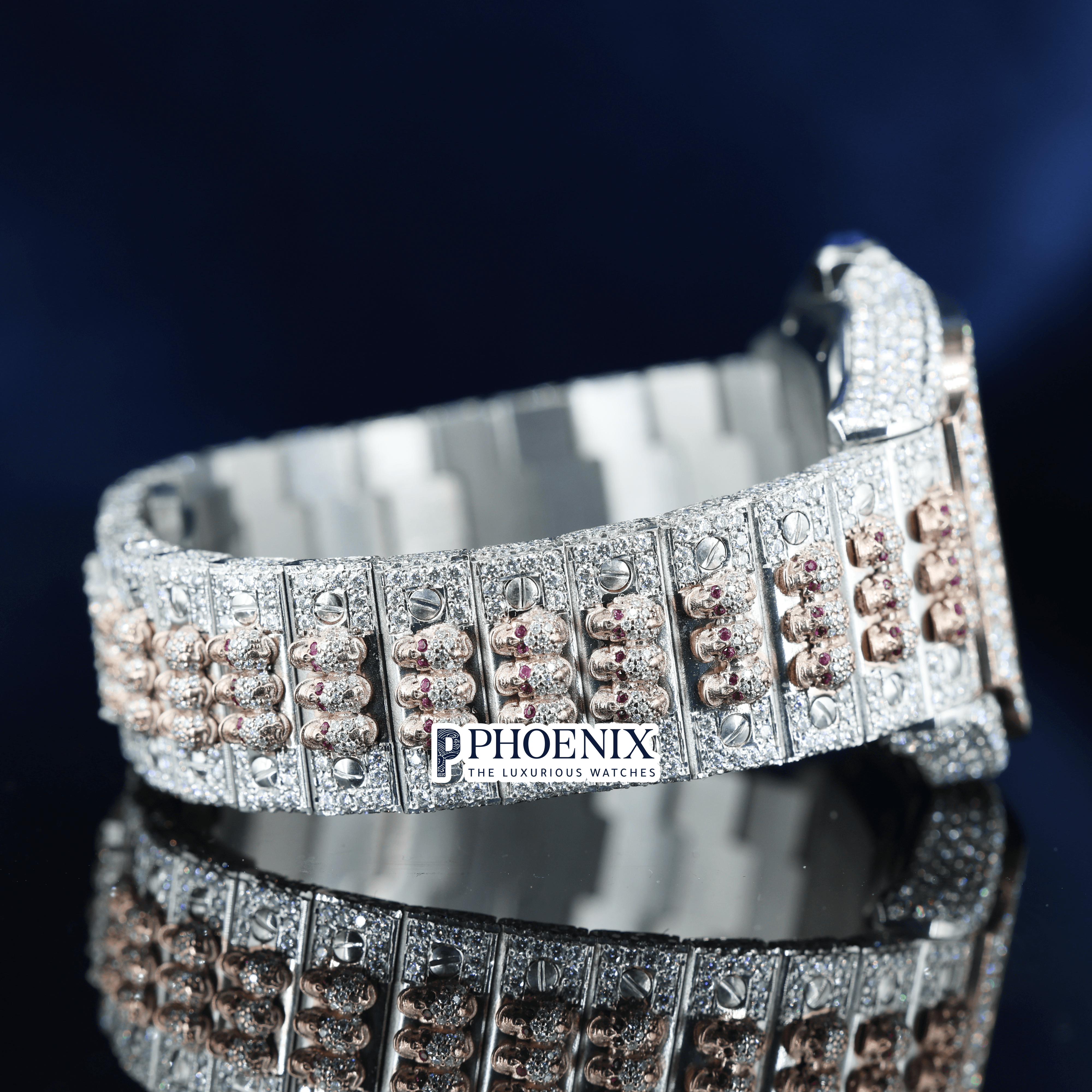 Rose Gold Dial Black Roman Numerals Moissanite Diamond Cartier Watch