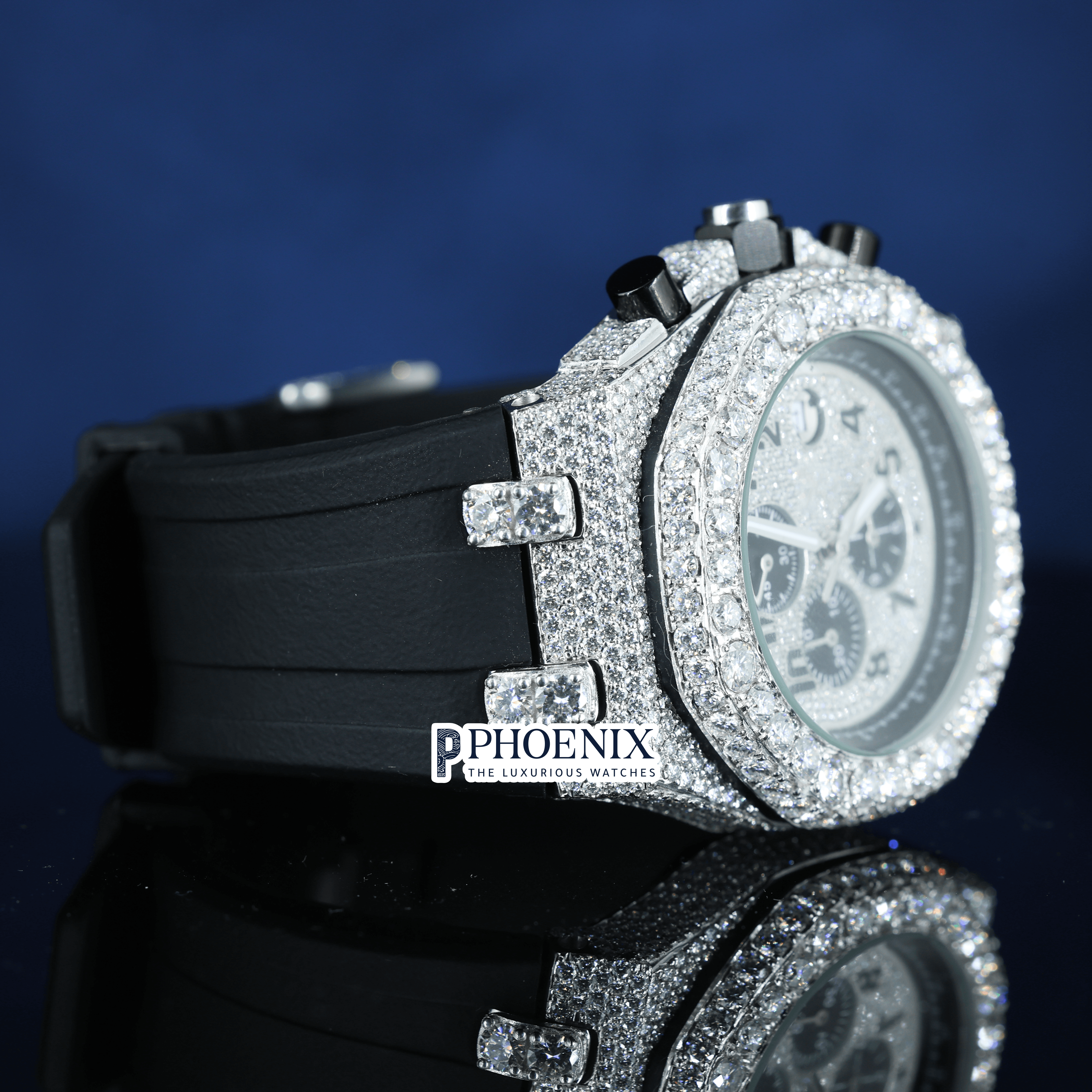 White Dial Chronograph Black Rubber Strap Semi Iced Out AP Moissanite Watch
