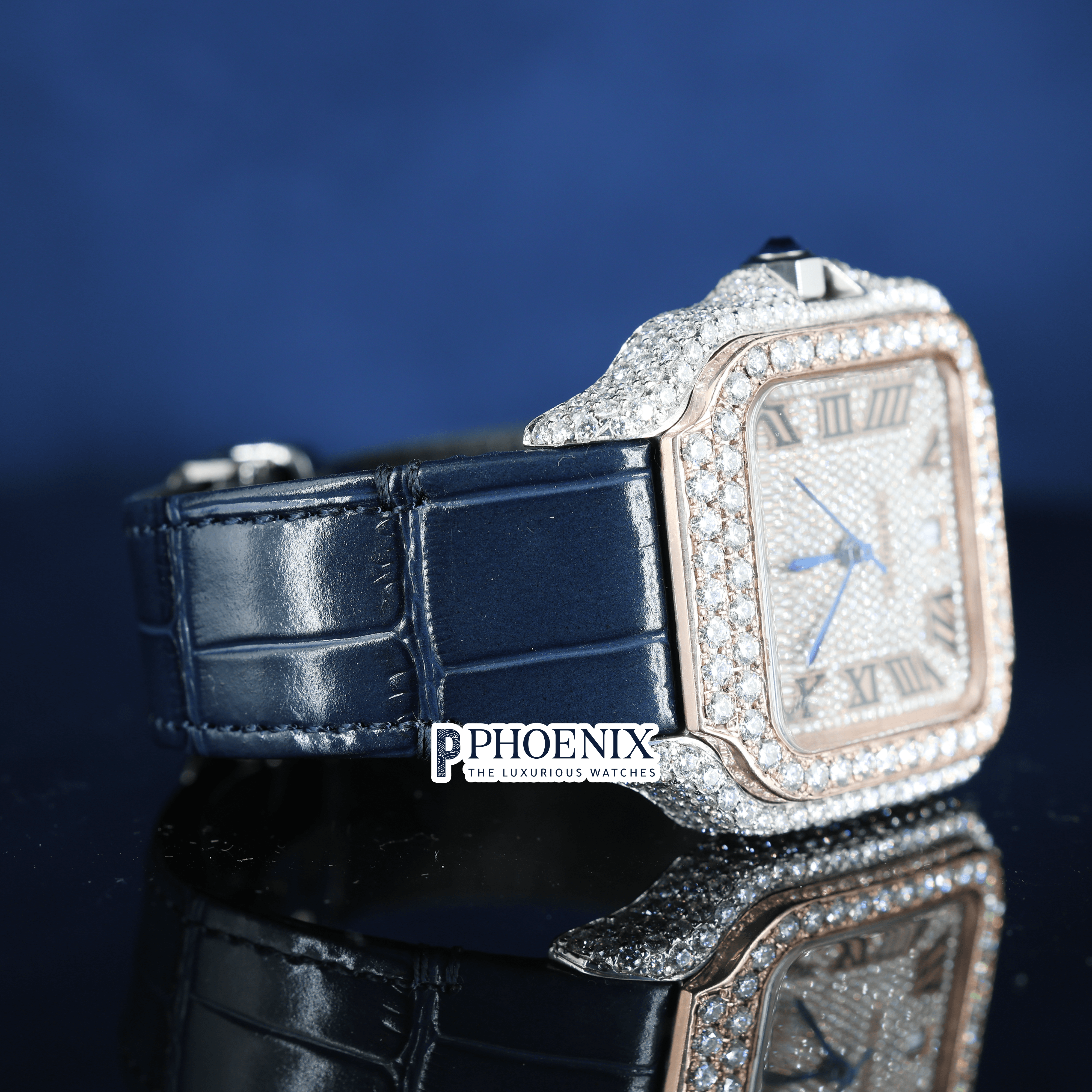 Rose Gold Roman Dial Semi Iced Out Blue Leather Strap Moissanite Cartier Watch