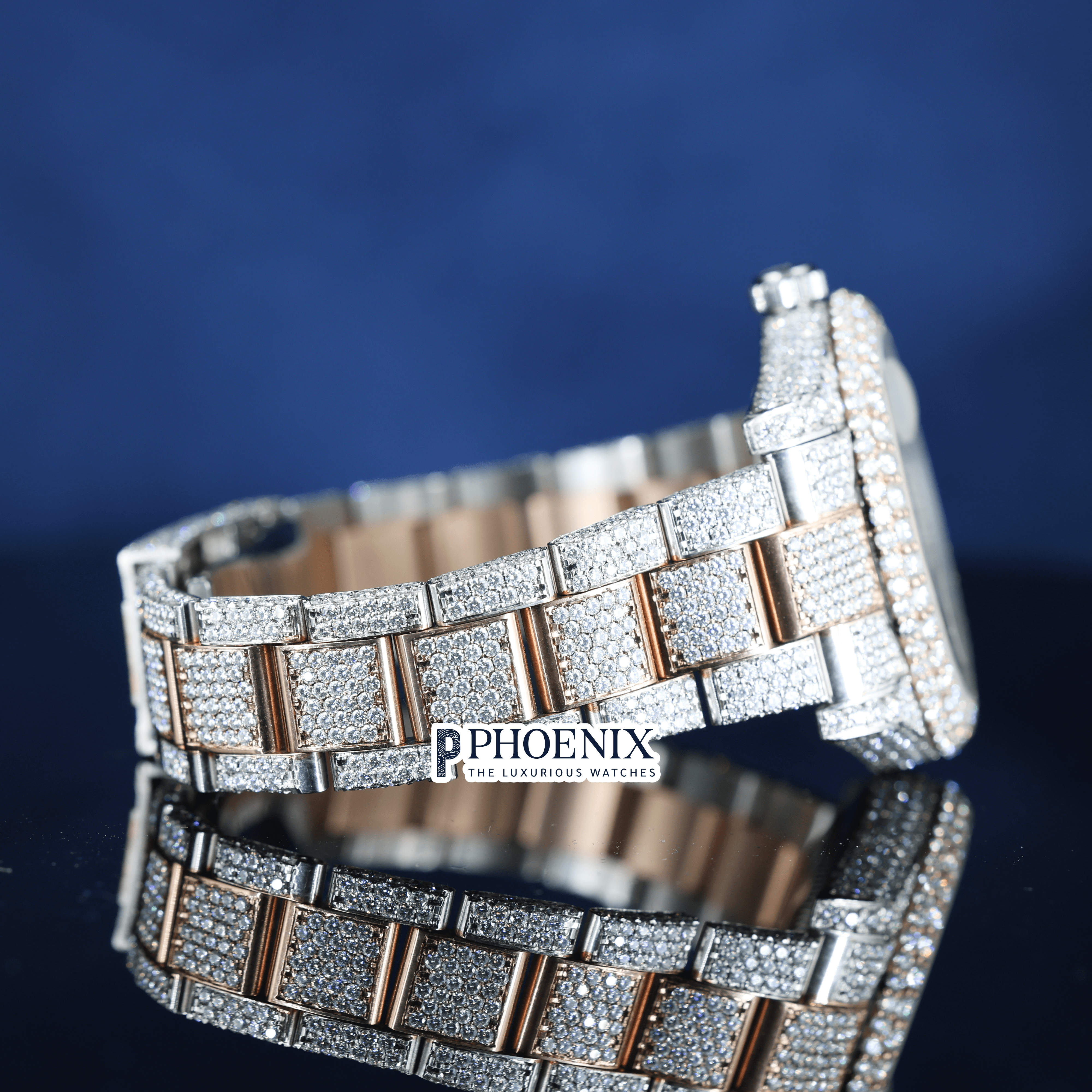 Rose Gold Roman Black Numerals Iced Out Moissanite Rolex Watch