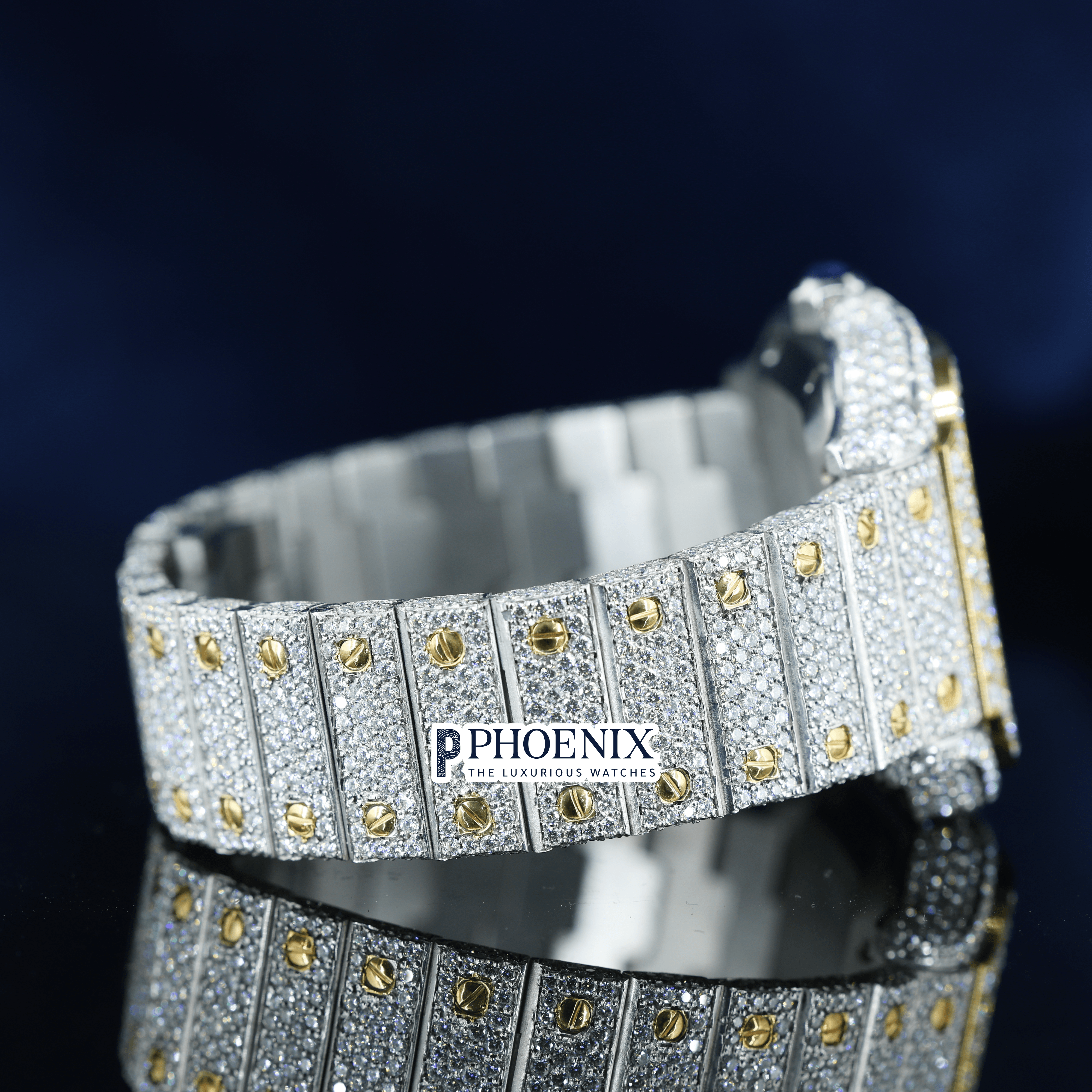 Two Tone Yellow Gold Dial Arabic Numerals Fully Iced Out Moissanite Cartier Watch