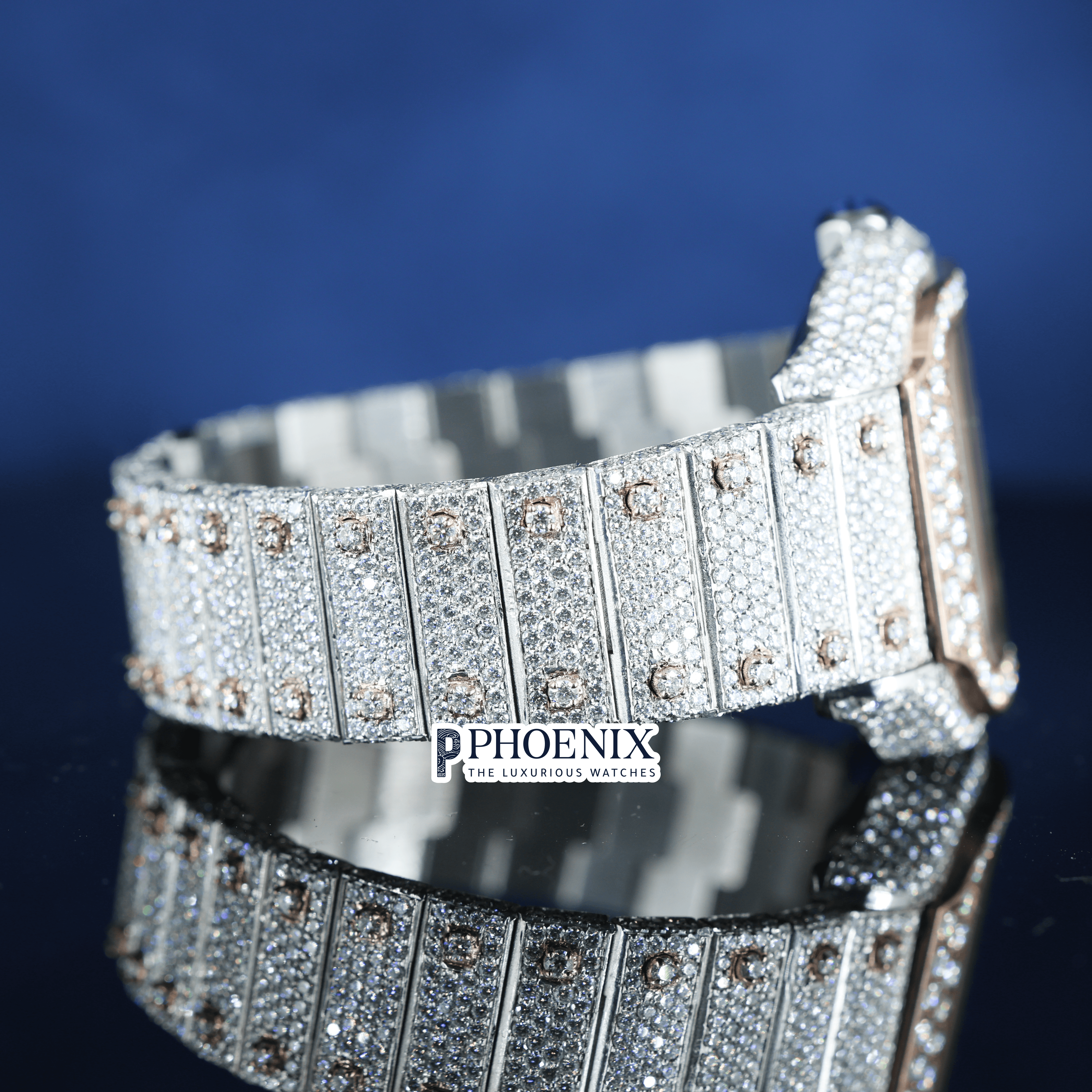 Fully Iced Black Roman Numerals Rose White Dial Moissanite Diamond Cartier Watch