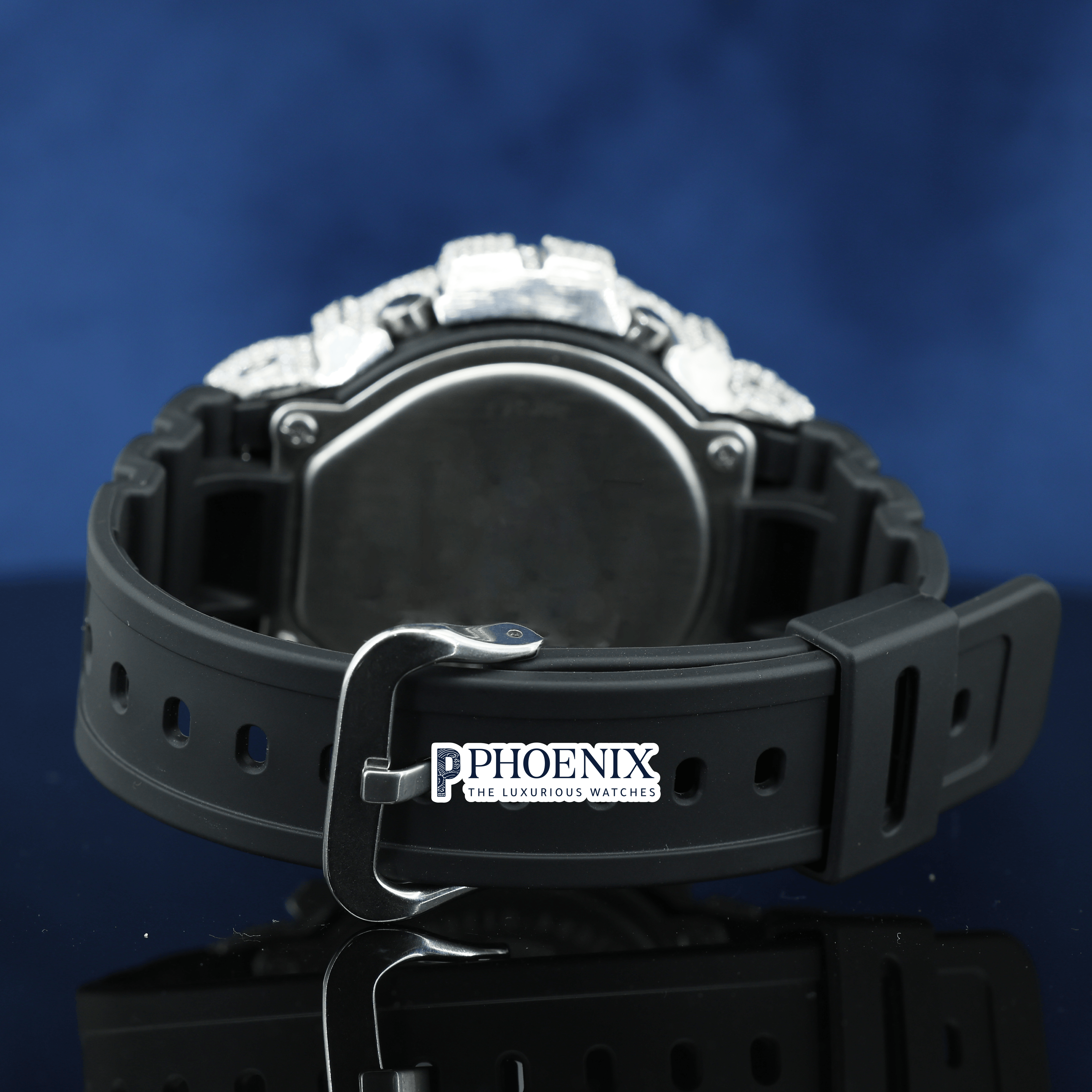 Custom Dial Iced Out White Digital Gshock Watch with Black Strap