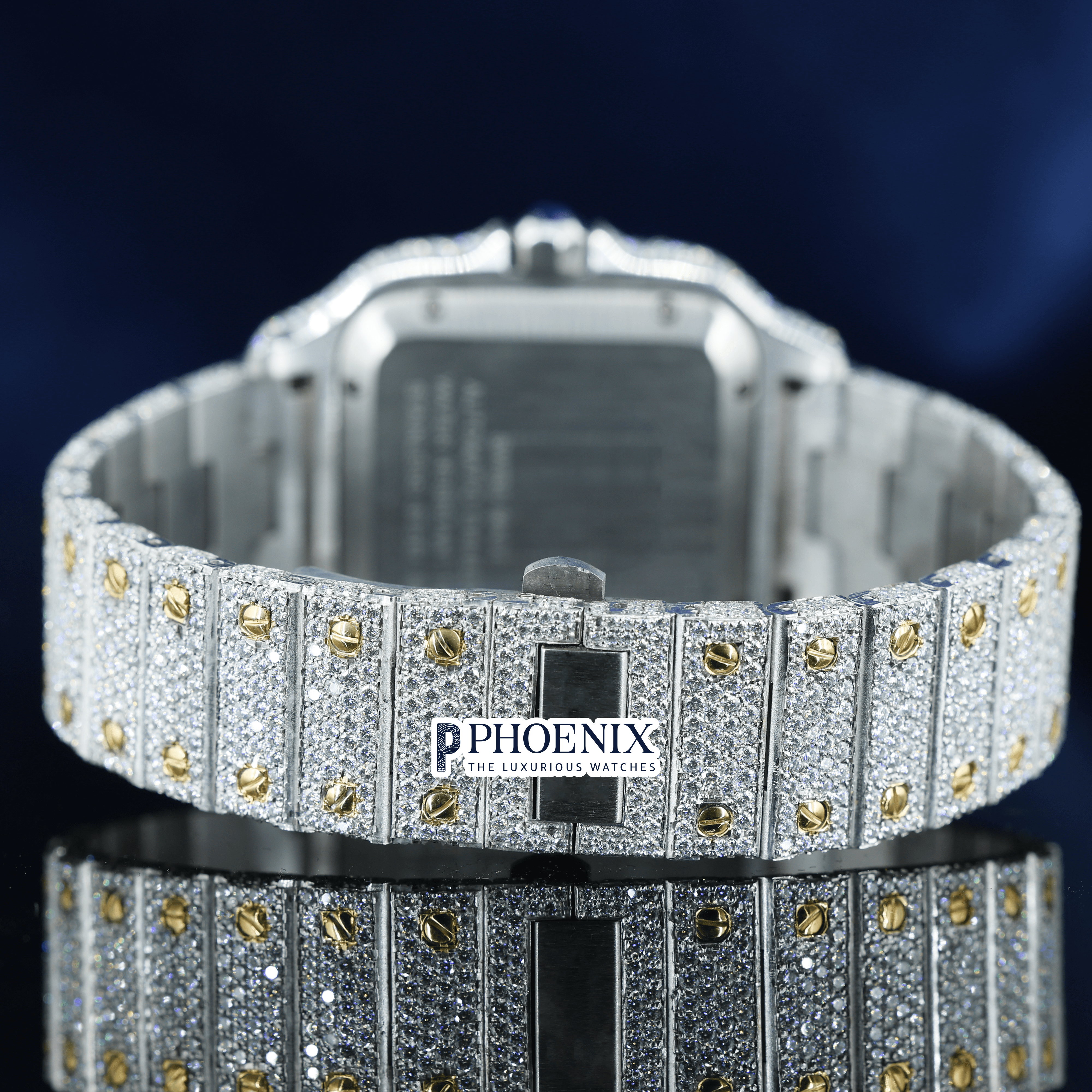 Two Tone Yellow Gold Dial Arabic Numerals Fully Iced Out Moissanite Cartier Watch