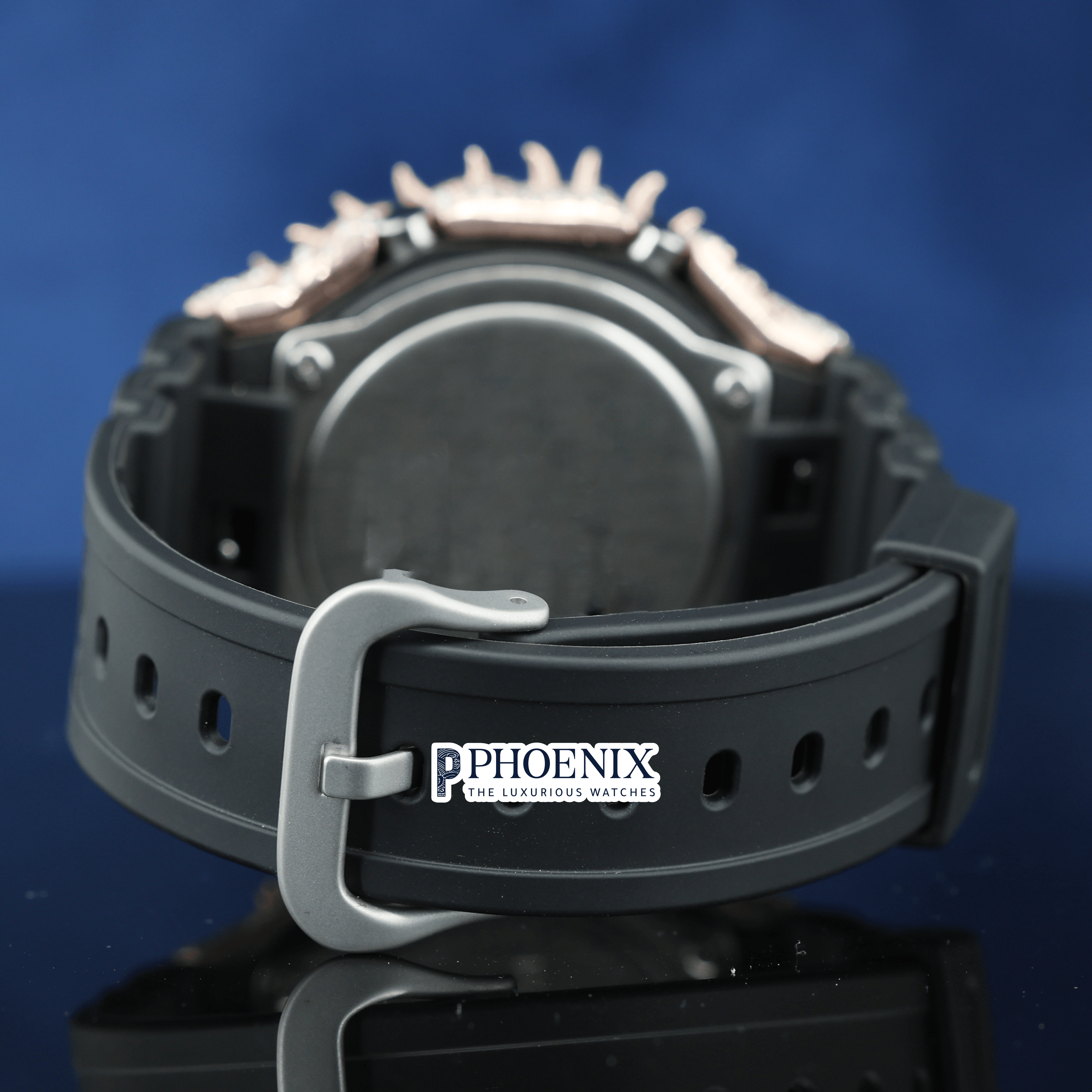 Custom Black Dial Iced Out Rose Gold Thorn Gshock Watch with Black Strap