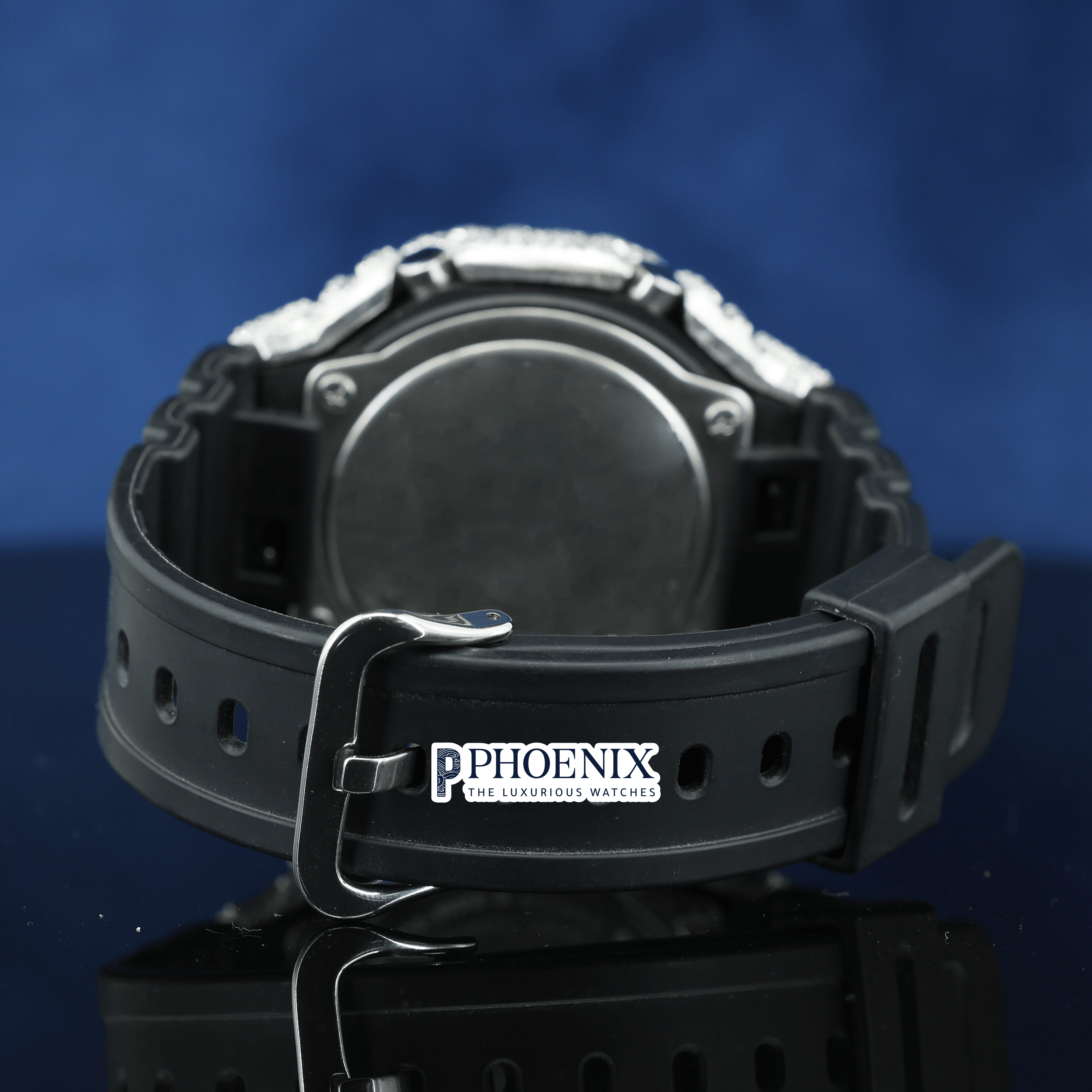 Custom Black Dial Iced Out Gshock Watch with Black Strap and Multicolor Markers