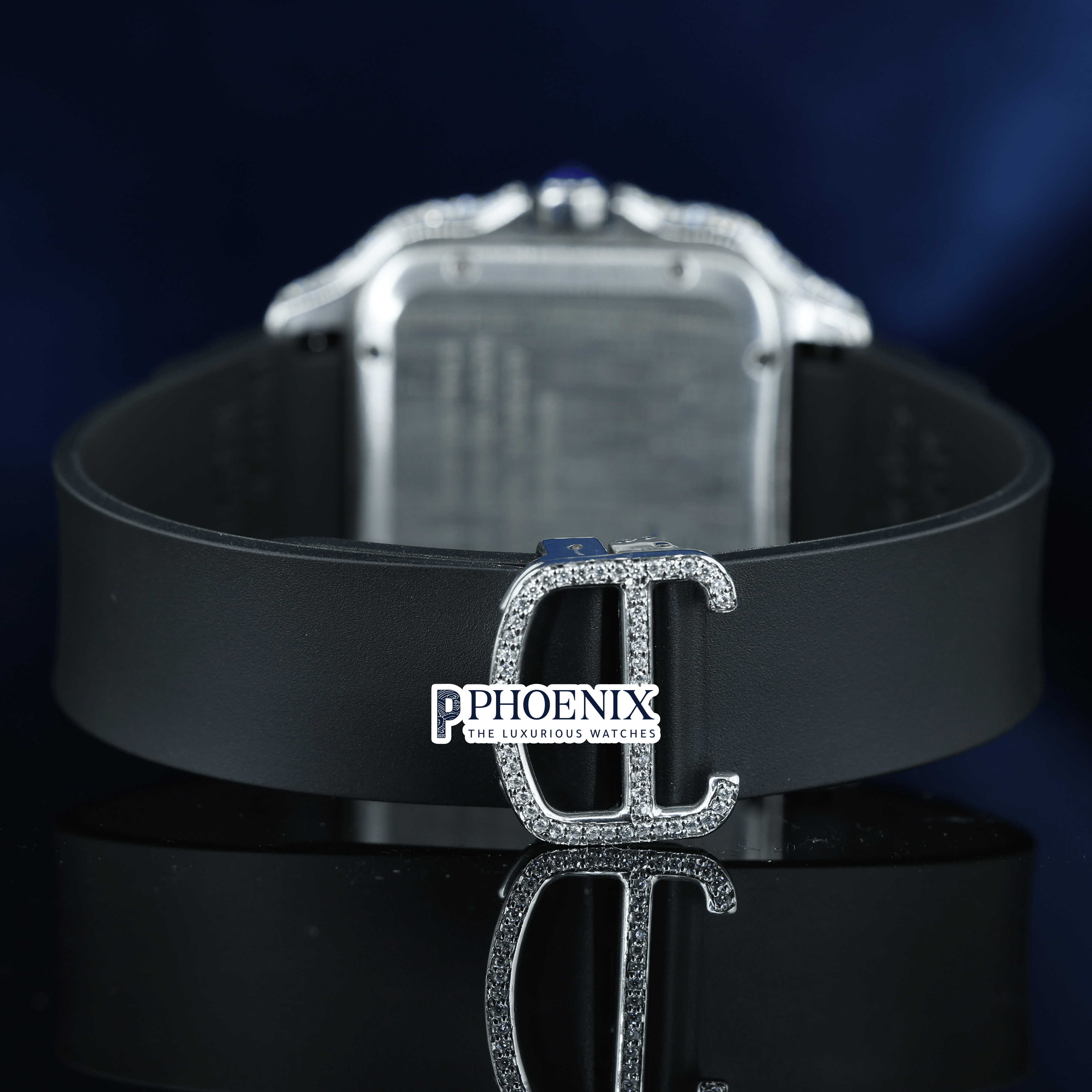 White Dial Black Roman Numerals Black Leather Strap Moissanite Diamond Cartier Watch