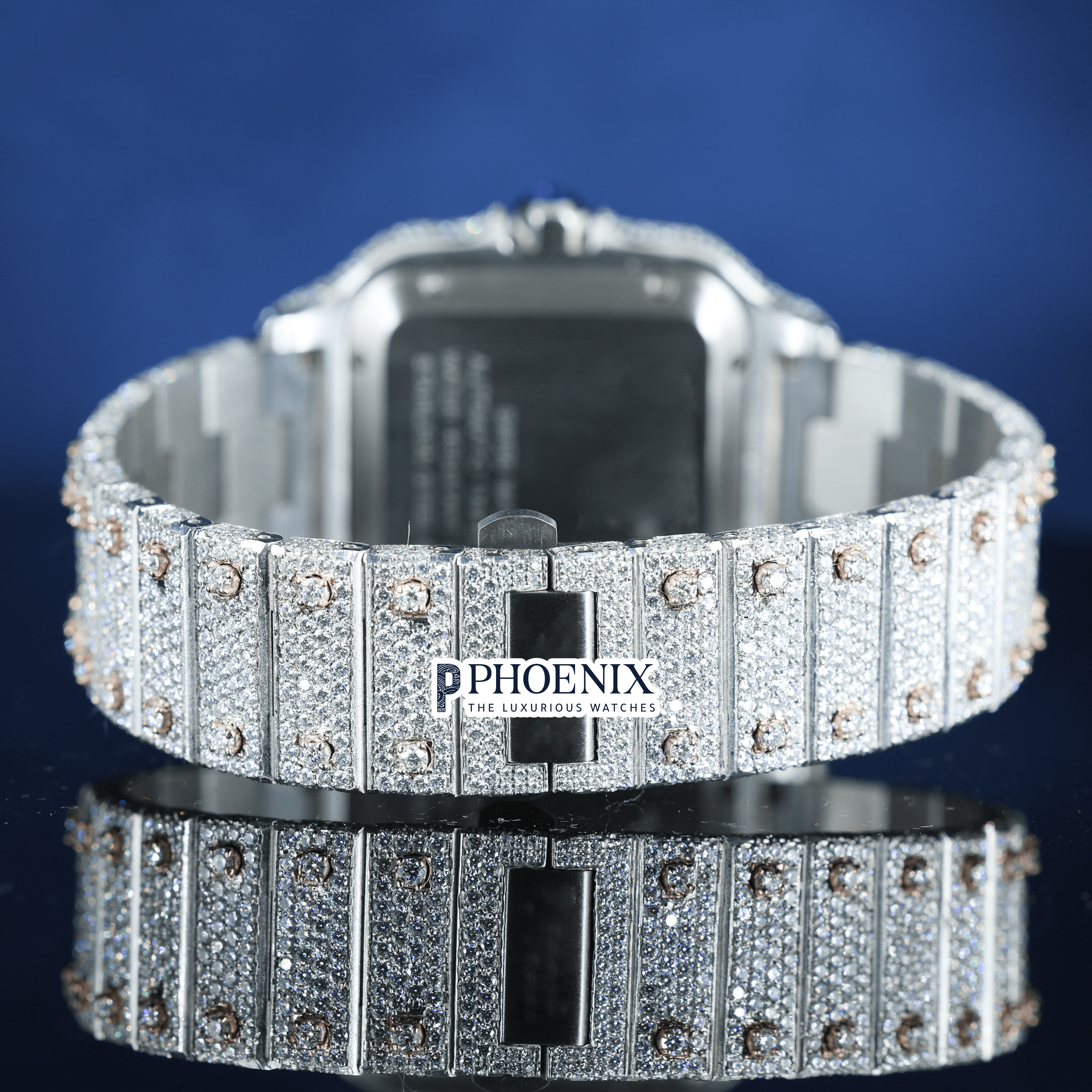 Fully Iced Black Roman Numerals Rose White Dial Moissanite Diamond Cartier Watch