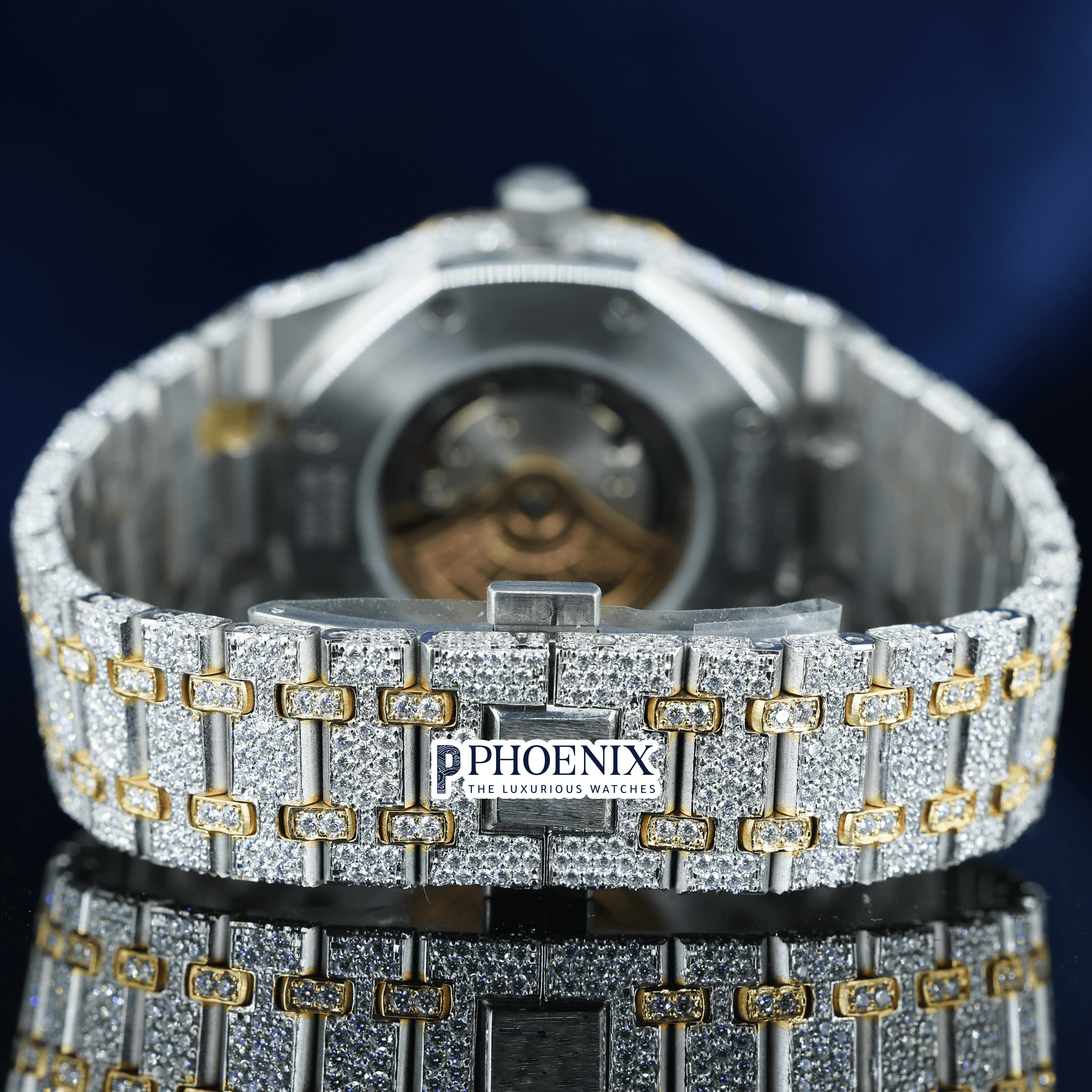 Yellow Dial Black Stick Markers Two Tone Iced Out Moissanite Diamond AP Watch