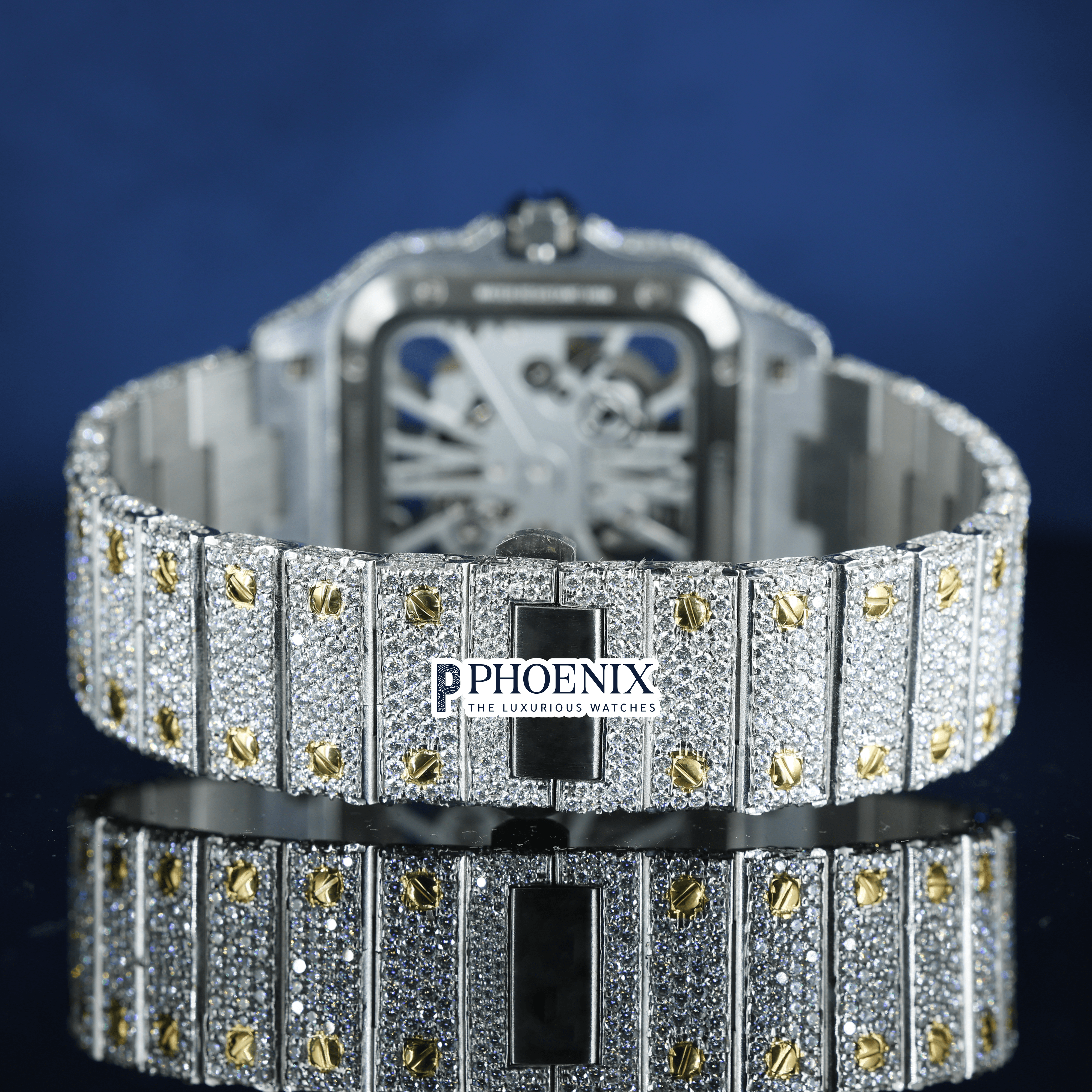 Yellow Gold Skeleton Dial Two Tone Diamond Bar Strap Moissanite Cartier Watch
