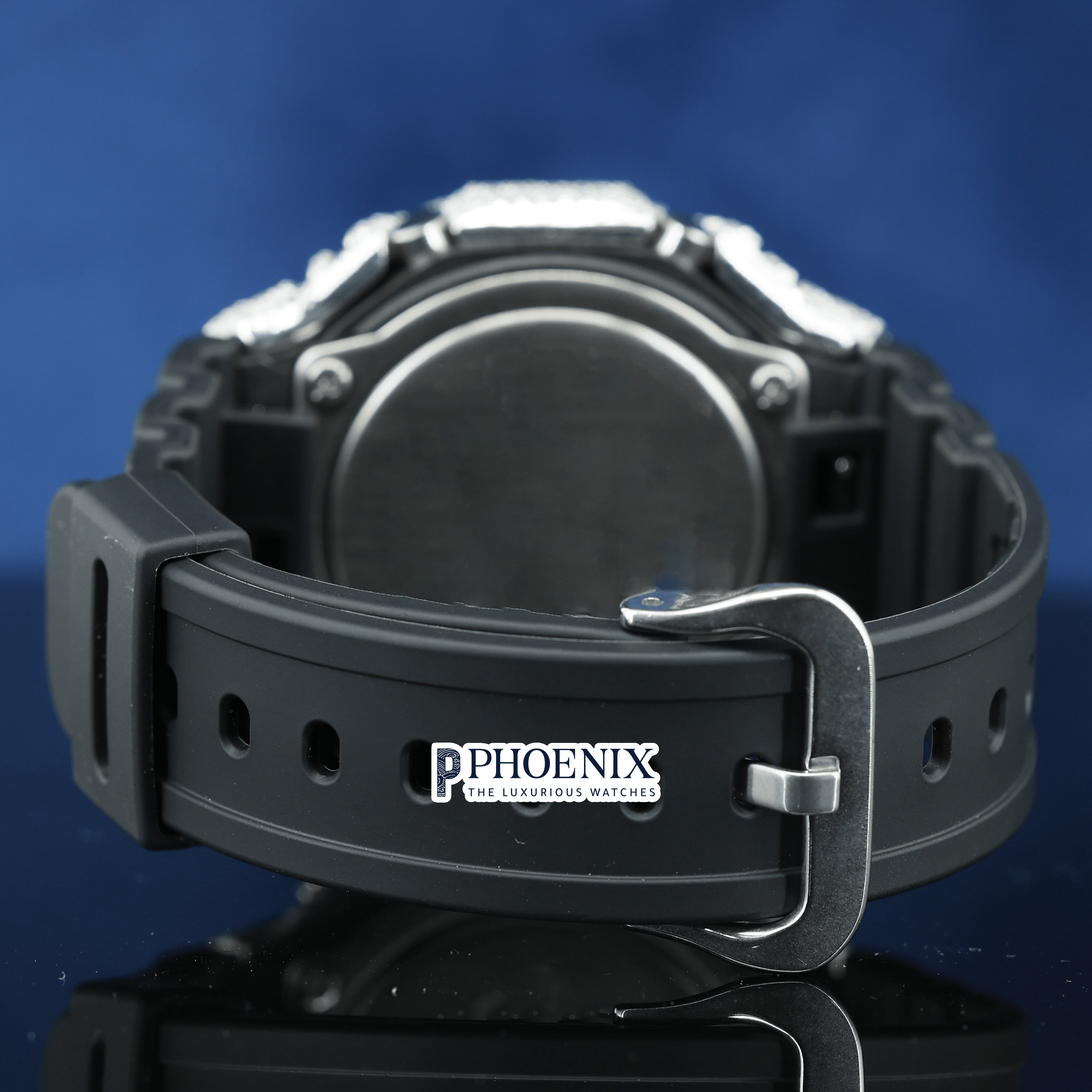Custom Black Dial Iced Out White Gshock Watch with Black Strap and White Markers