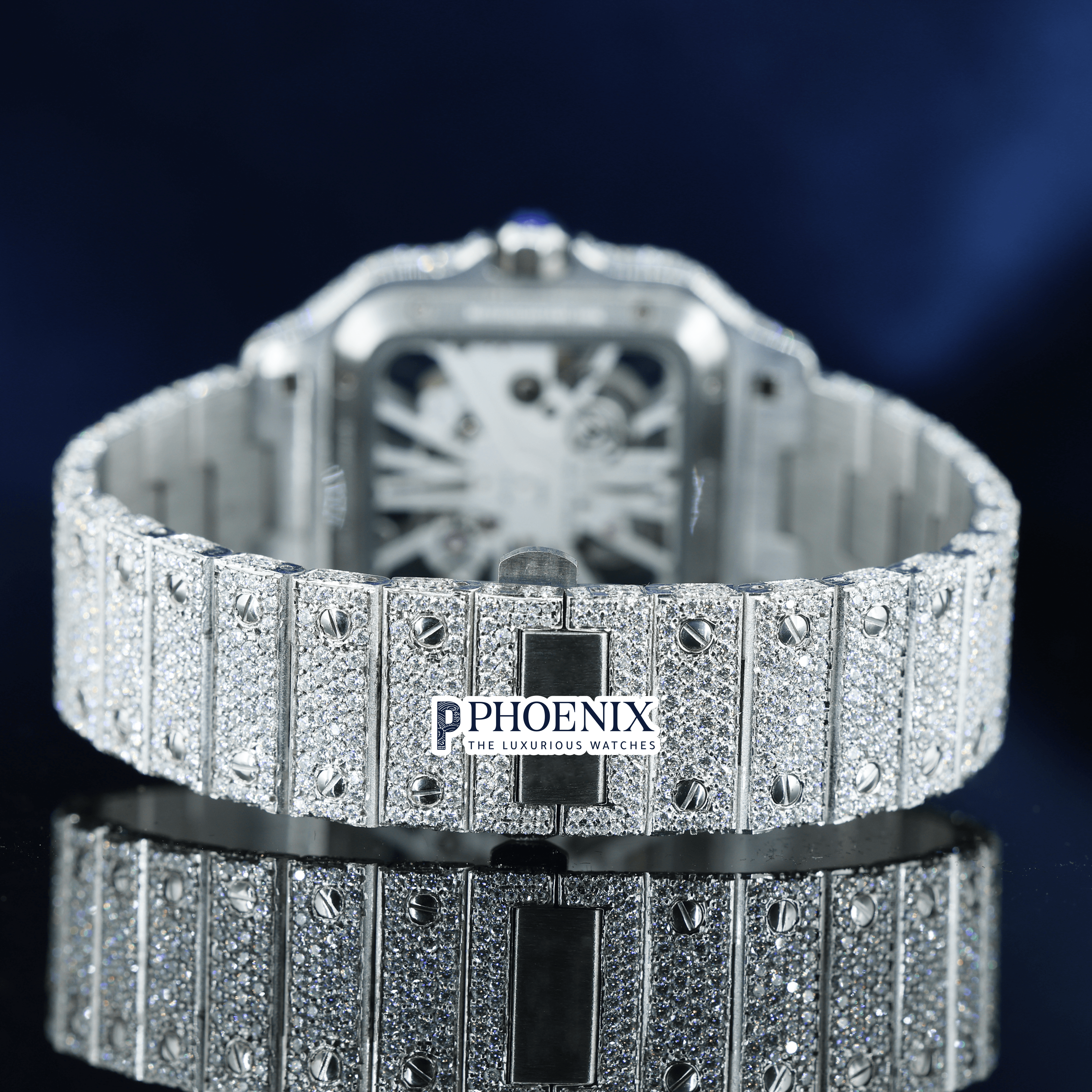 White Gold Fully Iced Out Skeleton Dial Moissanite Diamond Cartier Watch