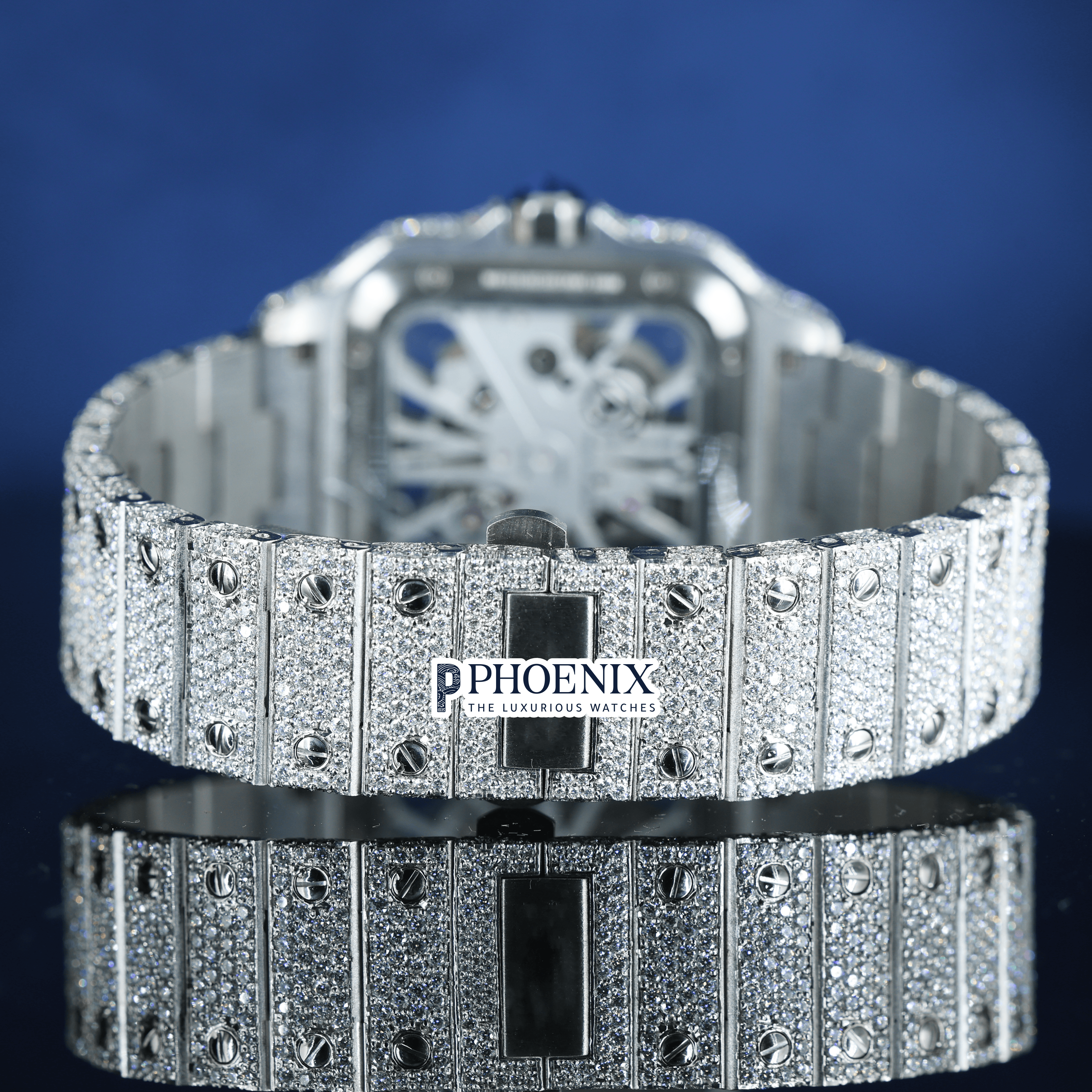 White Gold Skeleton Dial Diamond Bar Strap Moissanite Cartier Watch