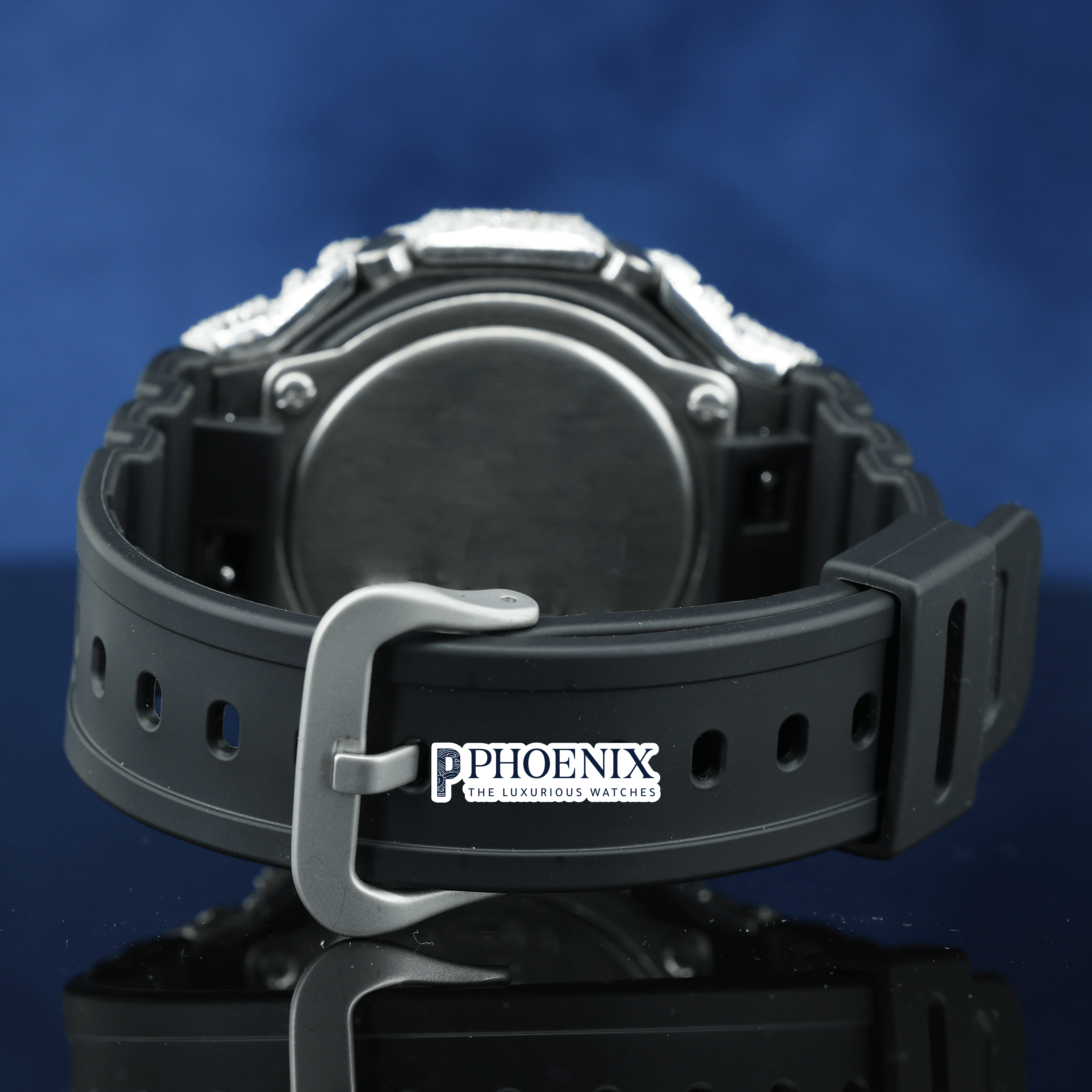 Custom Black Dial Iced Out White Gshock Watch with Black Strap
