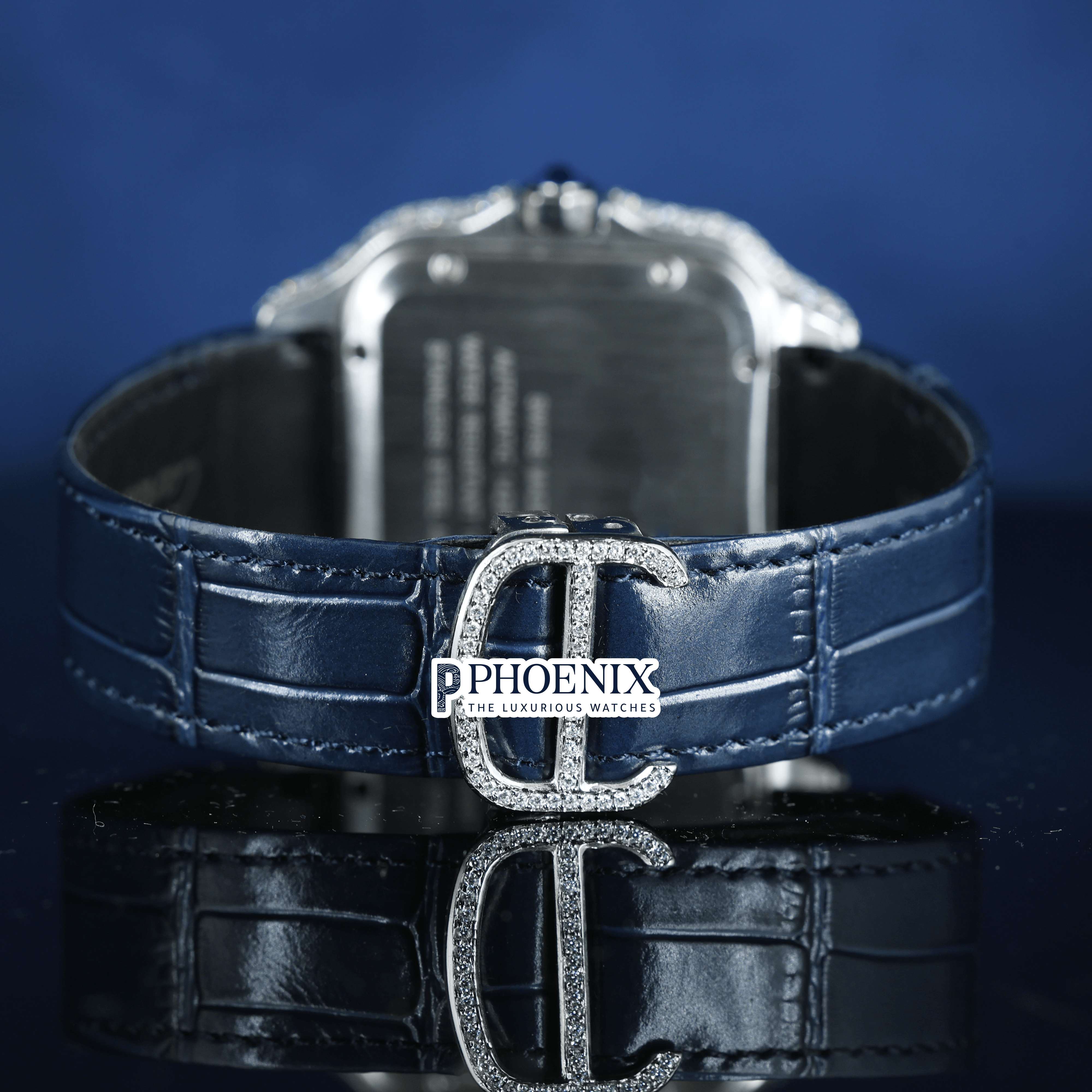 Rose Gold Roman Dial Semi Iced Out Blue Leather Strap Moissanite Cartier Watch