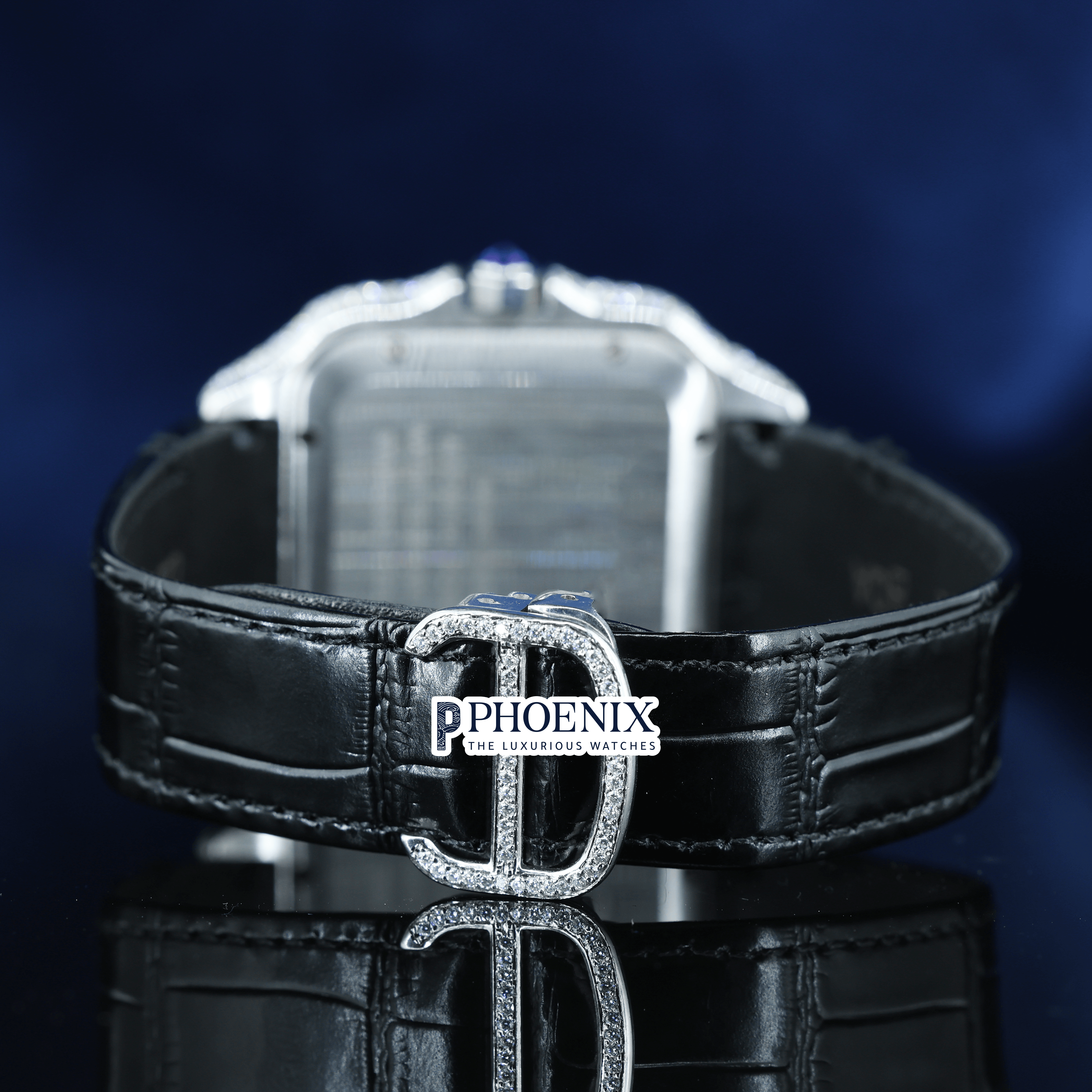 Arabic Numerals Rose Gold Dial Black Leather Strap Semi Iced Out Moissanite Cartier Watch