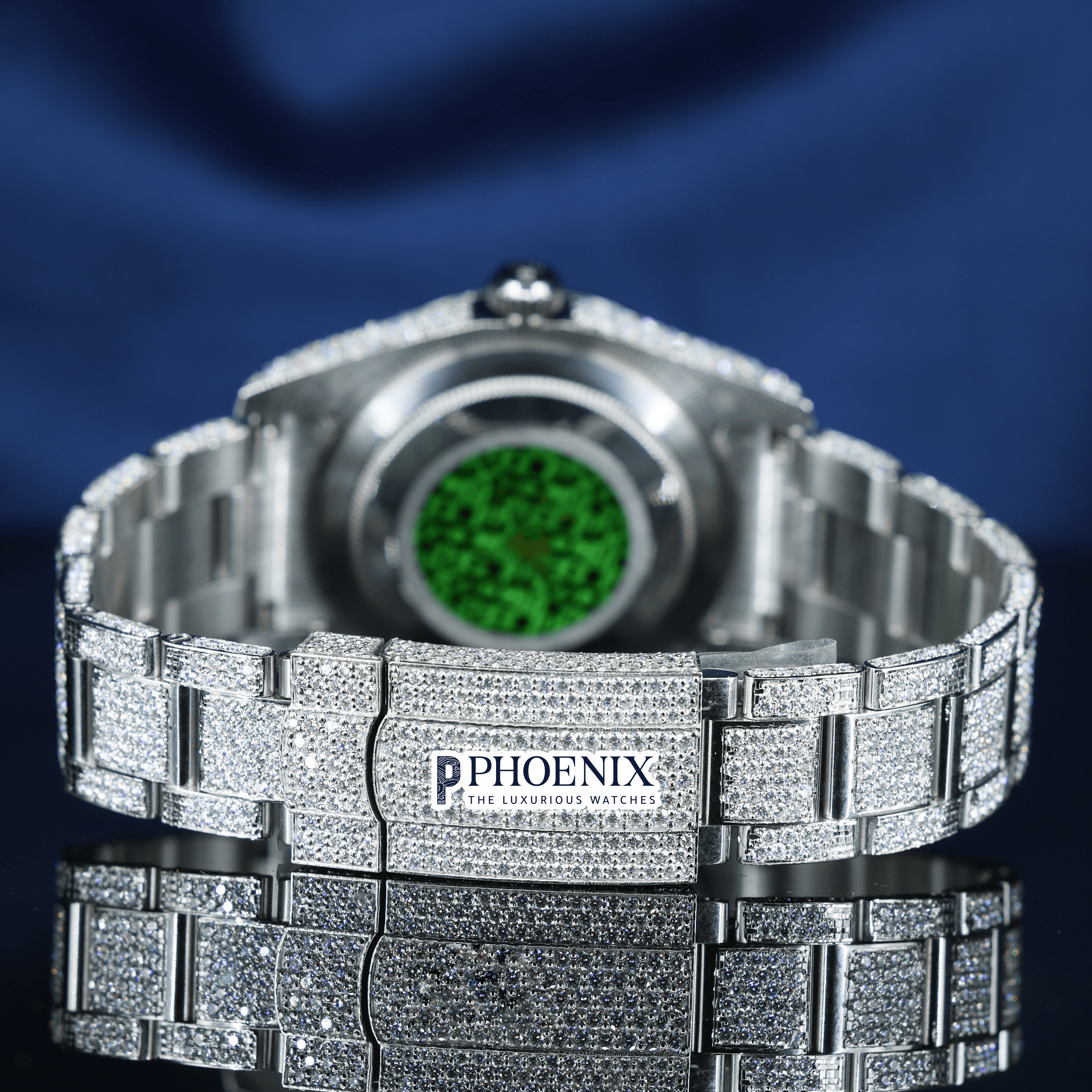 Diamond Bezel Silver Roman Dial Green Stick Markers Full Iced Out Moissanite Watch