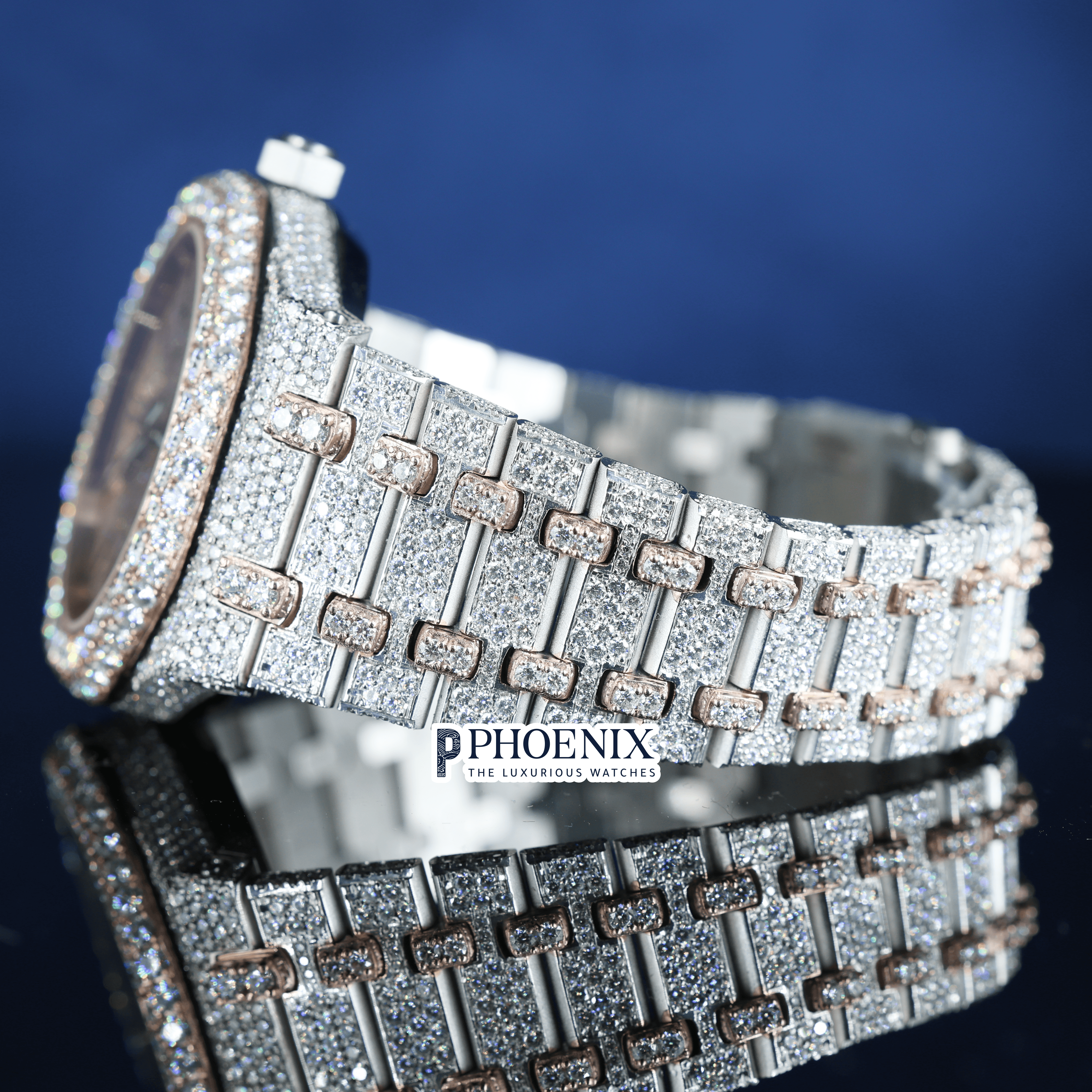 Rose Gold Dial Fully Iced Out Moissanite Diamond AP Watch