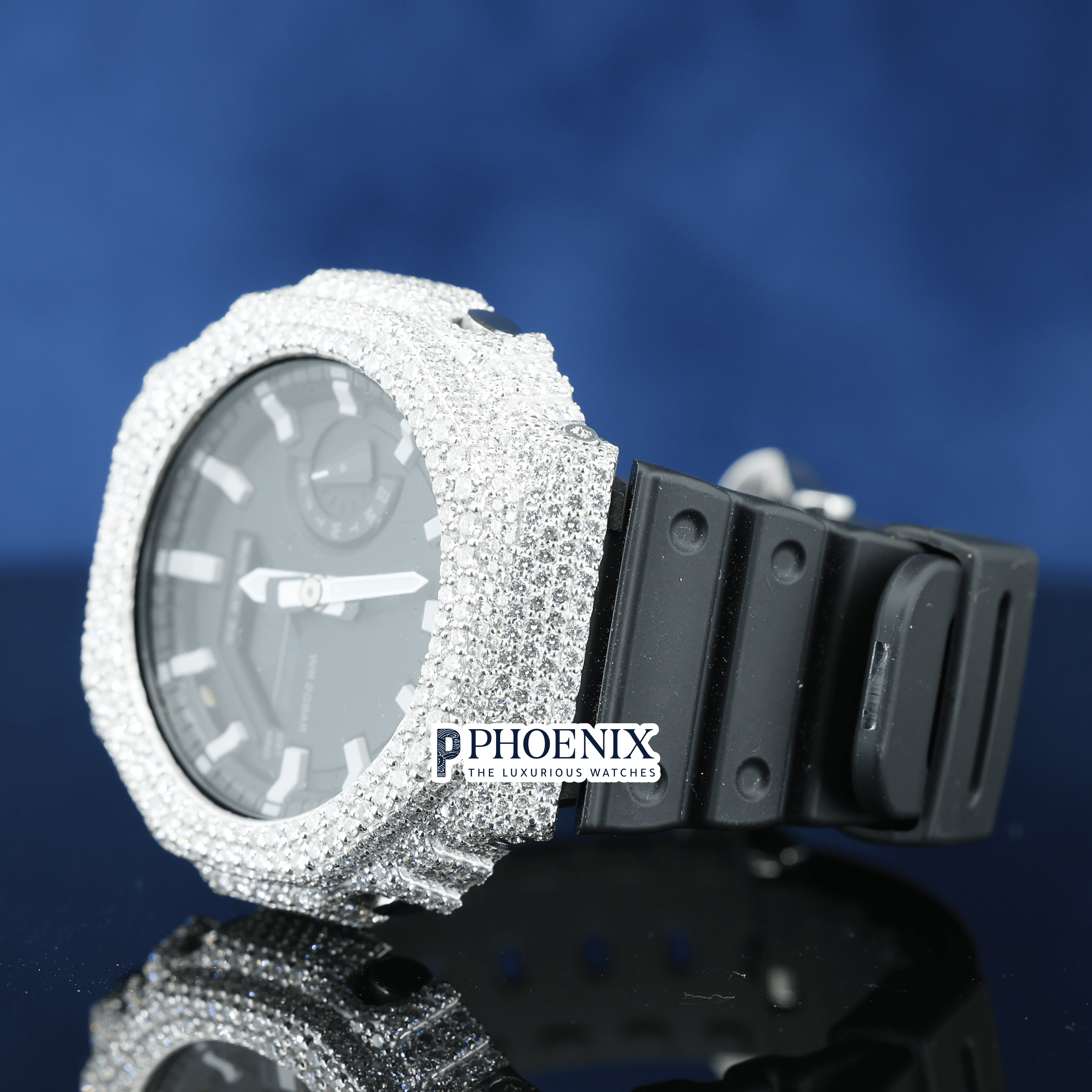 Custom Black Dial Iced Out White Gshock Watch with Black Strap and White Markers