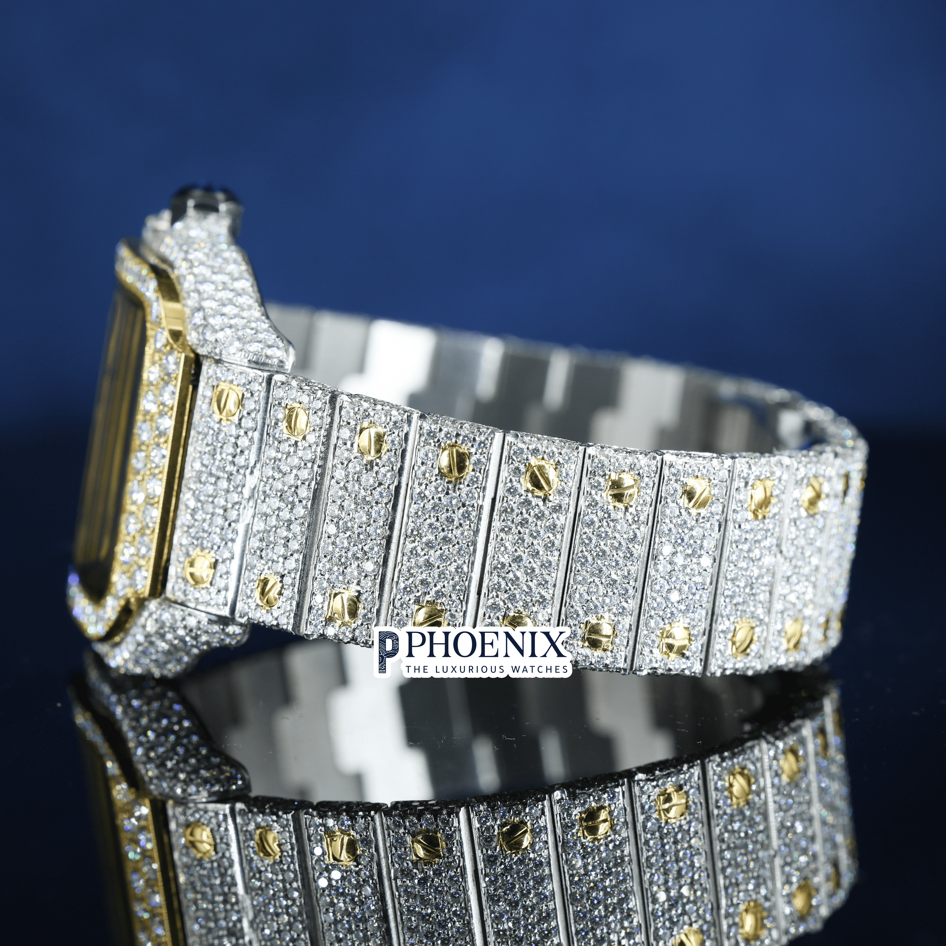 Yellow Gold Skeleton Dial Two Tone Diamond Bar Strap Moissanite Cartier Watch