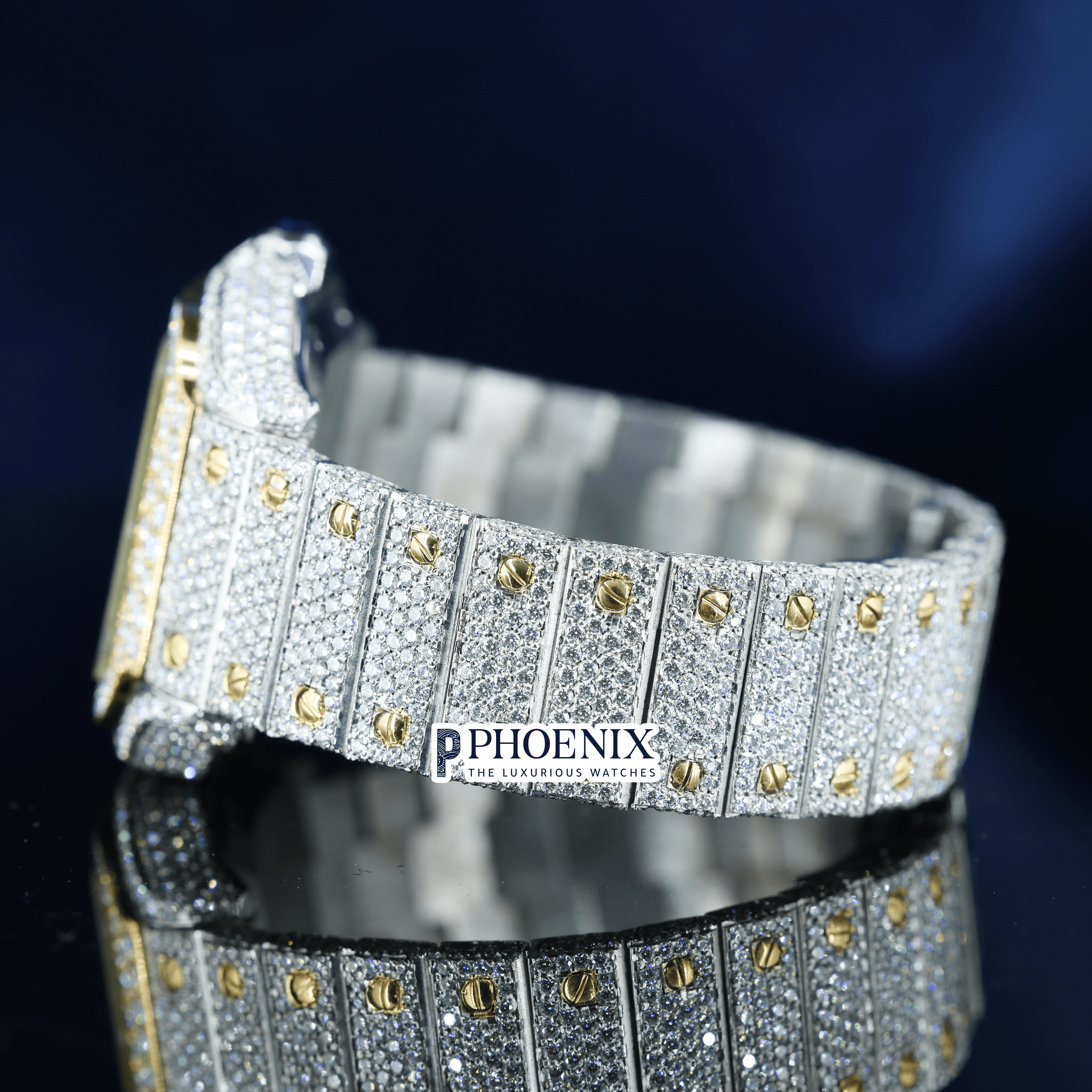 Two Tone Yellow Gold Dial Arabic Numerals Fully Iced Out Moissanite Cartier Watch