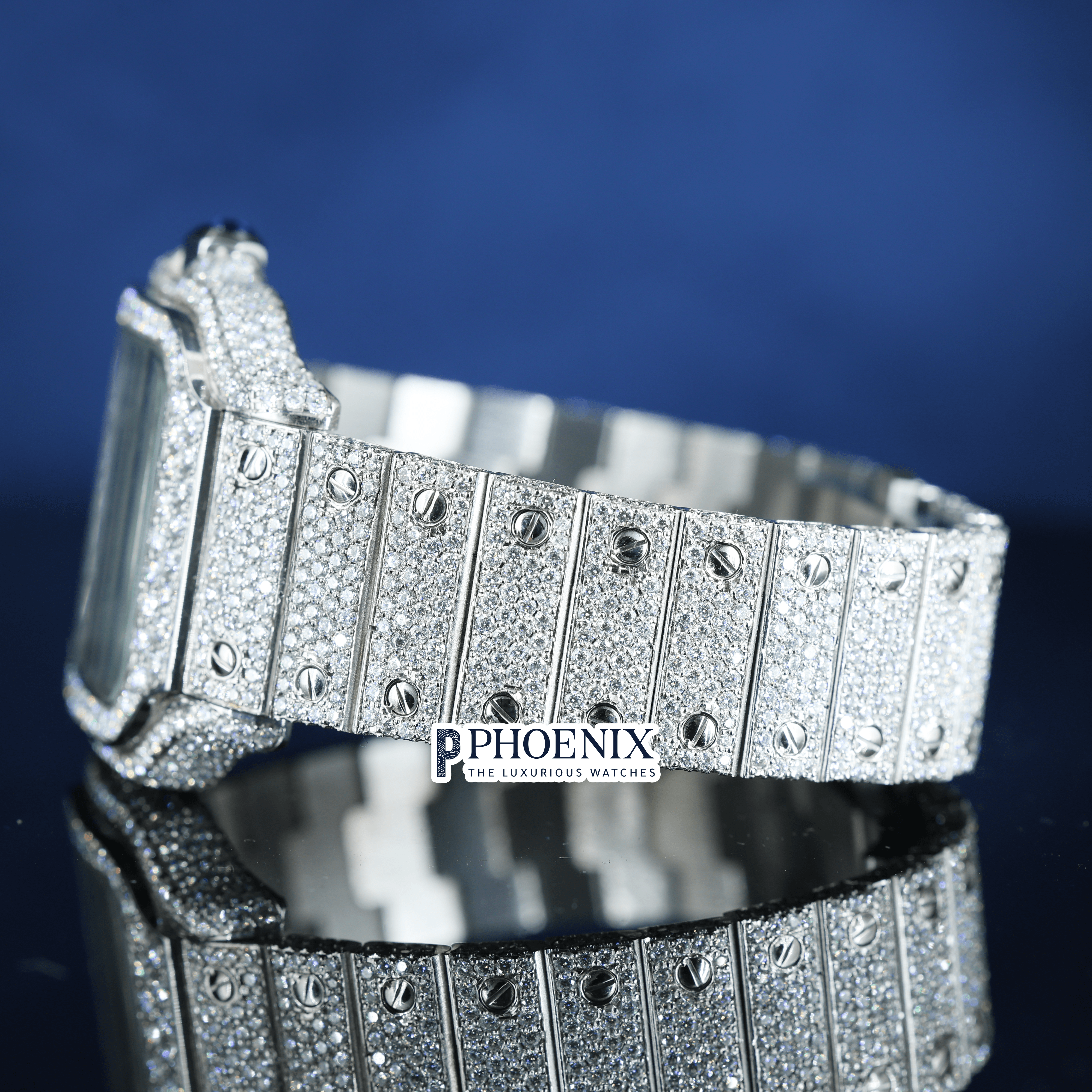 White Gold Skeleton Dial Diamond Bar Strap Moissanite Cartier Watch