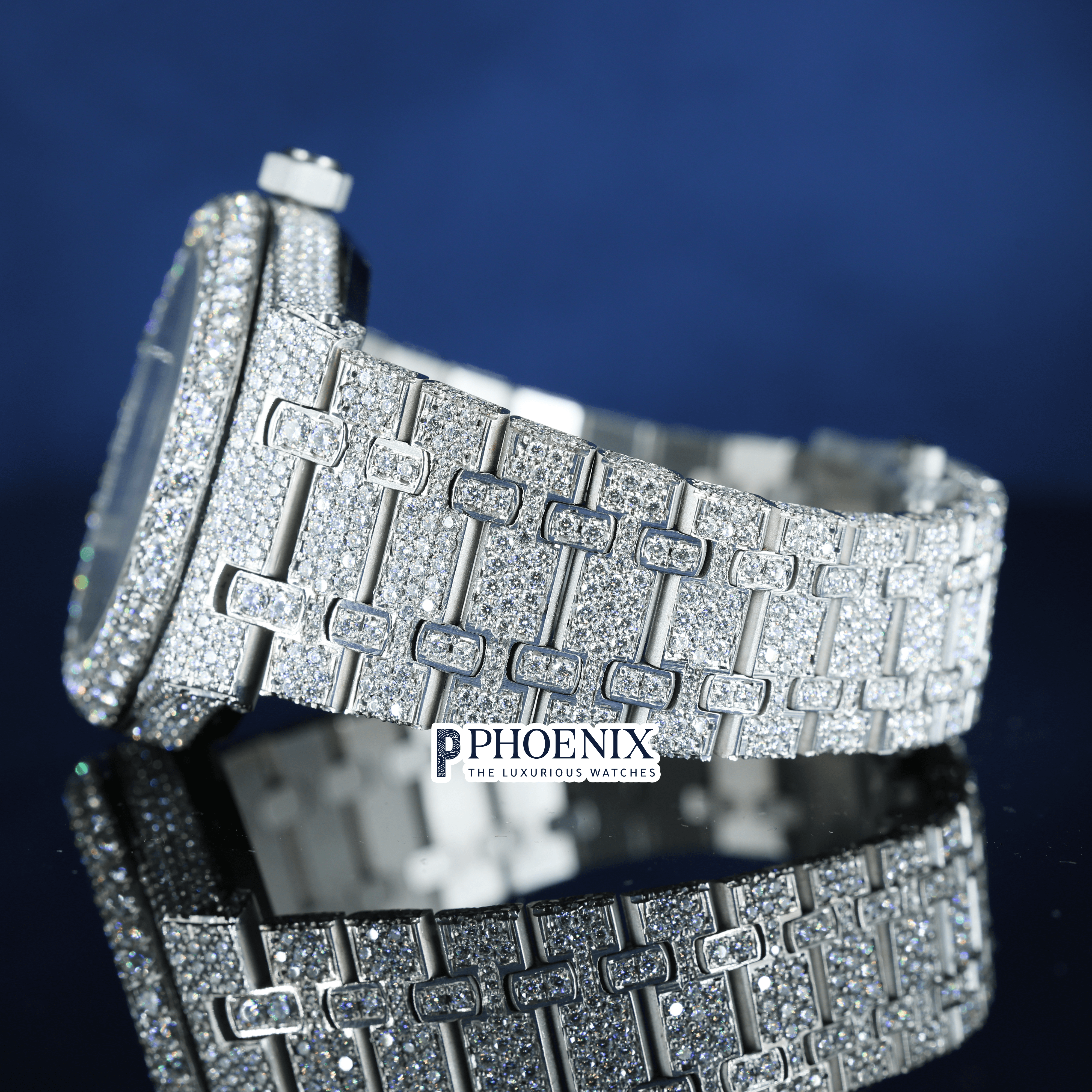 Black Stick Dial White Gold Fully Iced Out Moissanite AP Watch