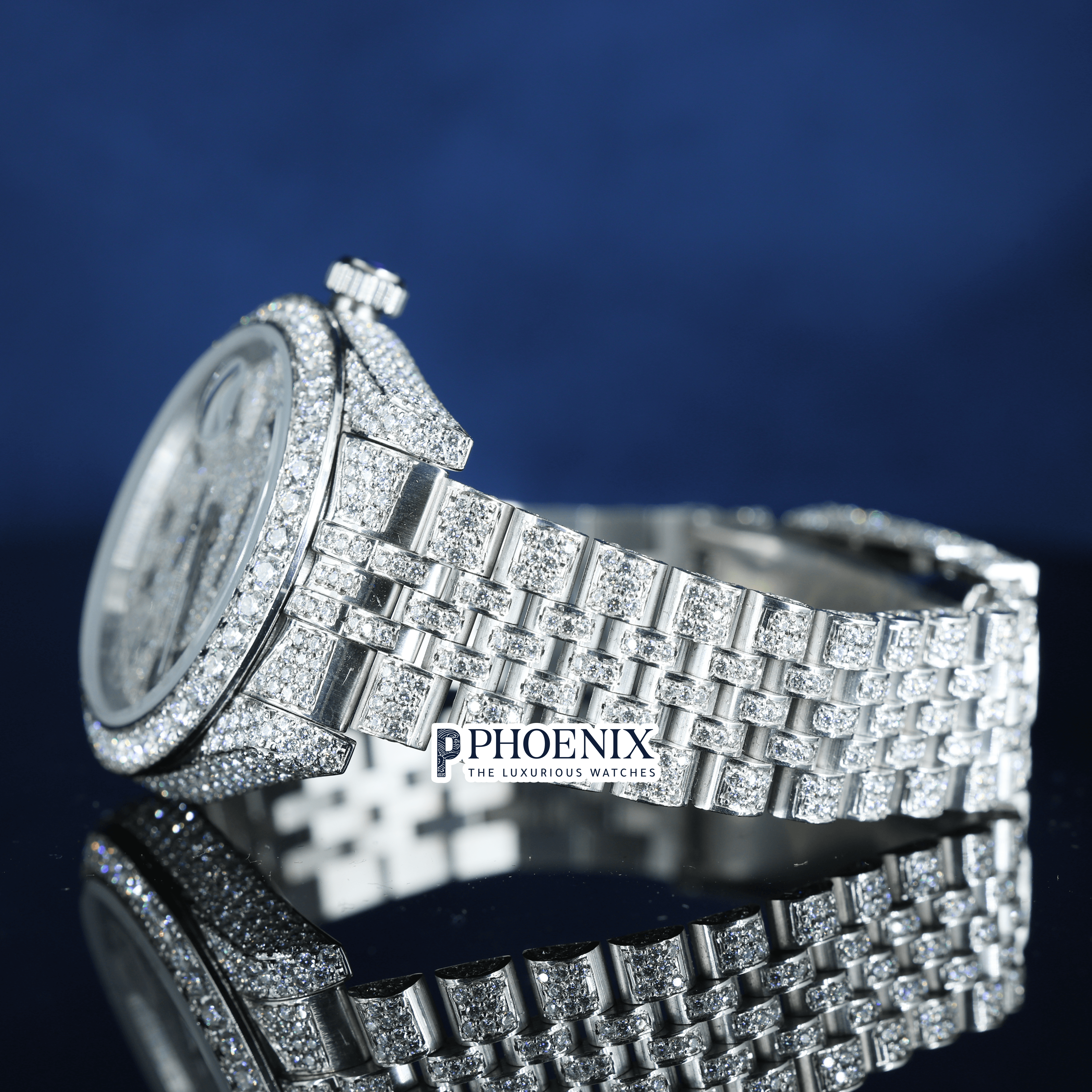 Fully Iced Out White Dial Roman Black Numerals Moissanite Rolex Watch