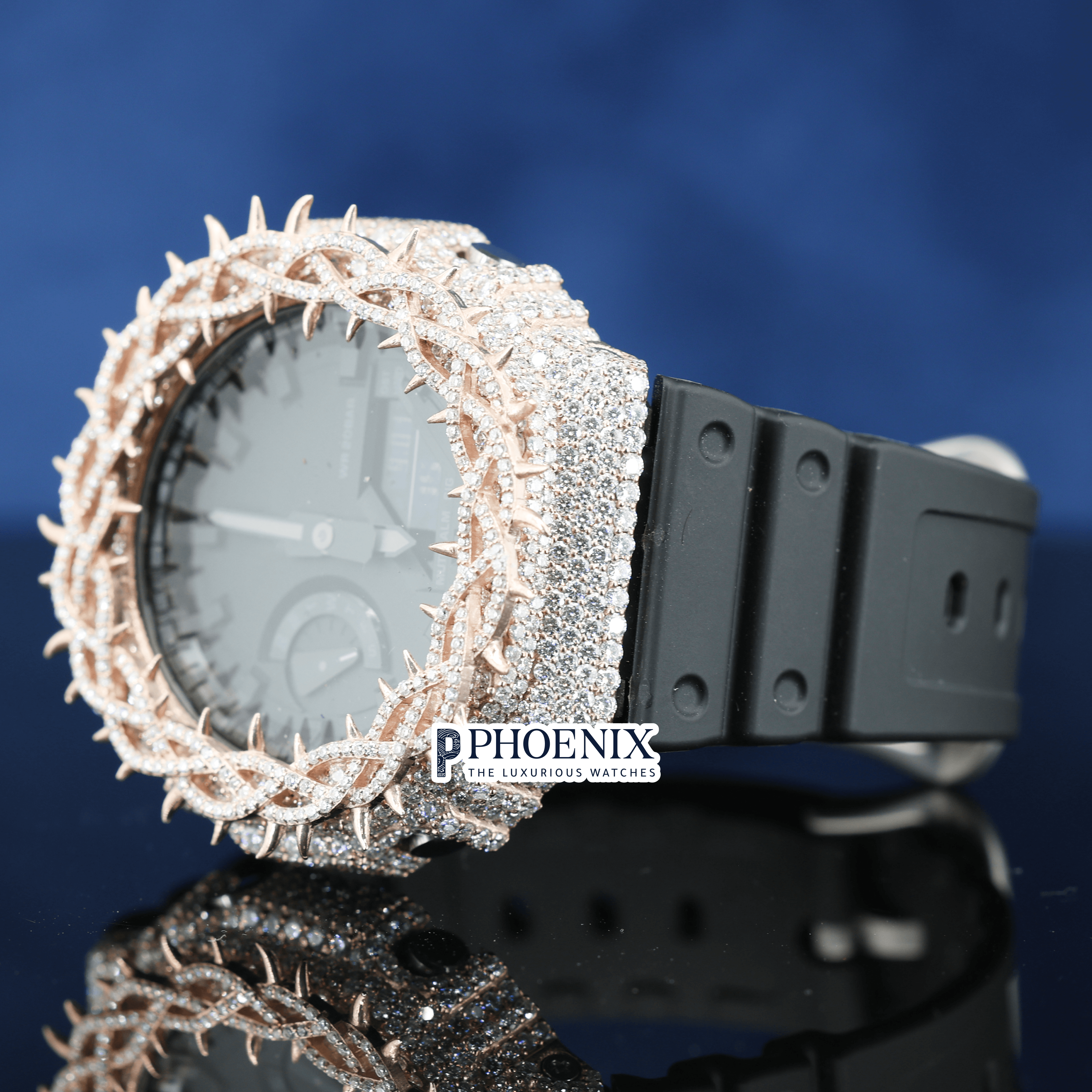 Custom Black Dial Iced Out Rose Gold Thorn Gshock Watch with Black Strap