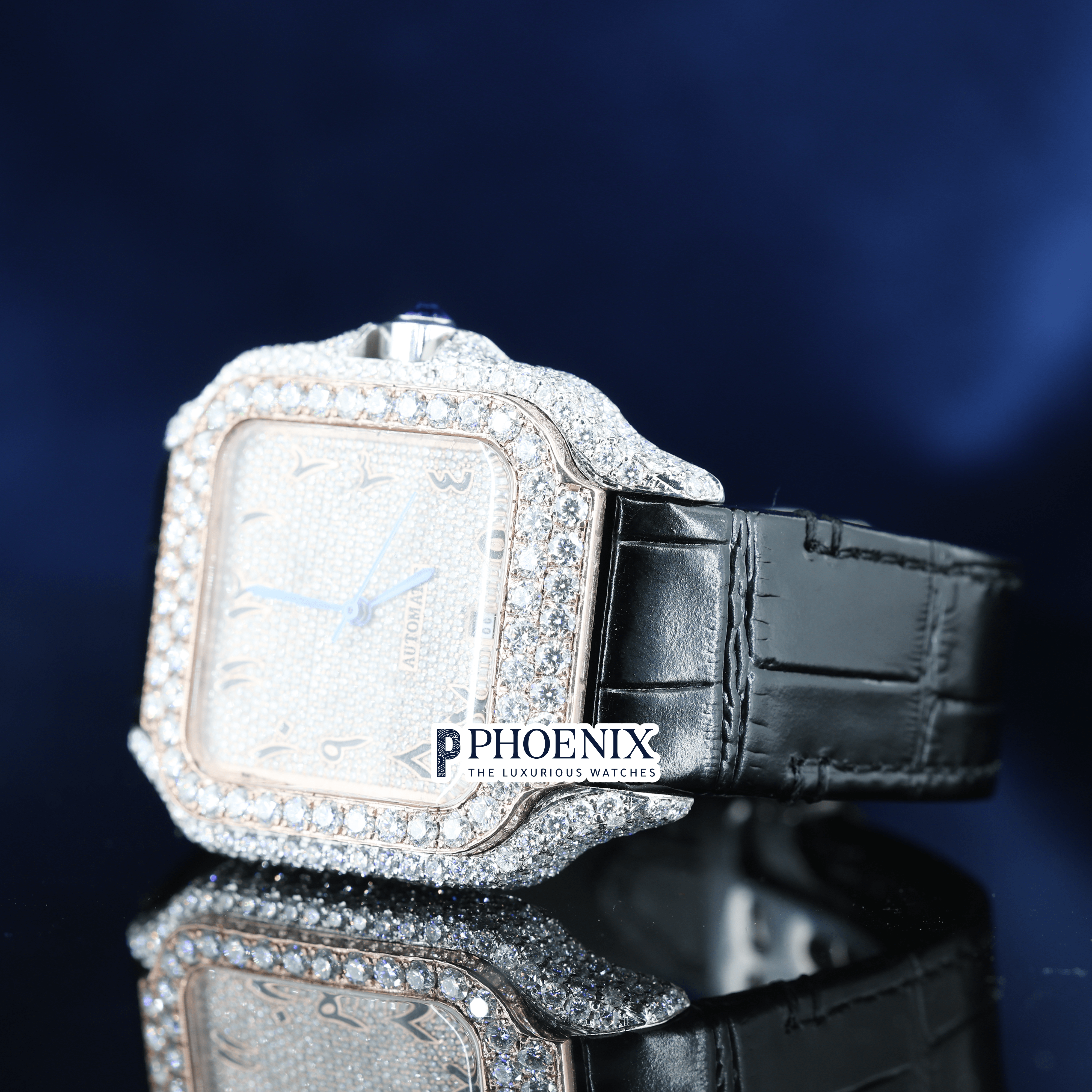 Arabic Numerals Rose Gold Dial Black Leather Strap Semi Iced Out Moissanite Cartier Watch