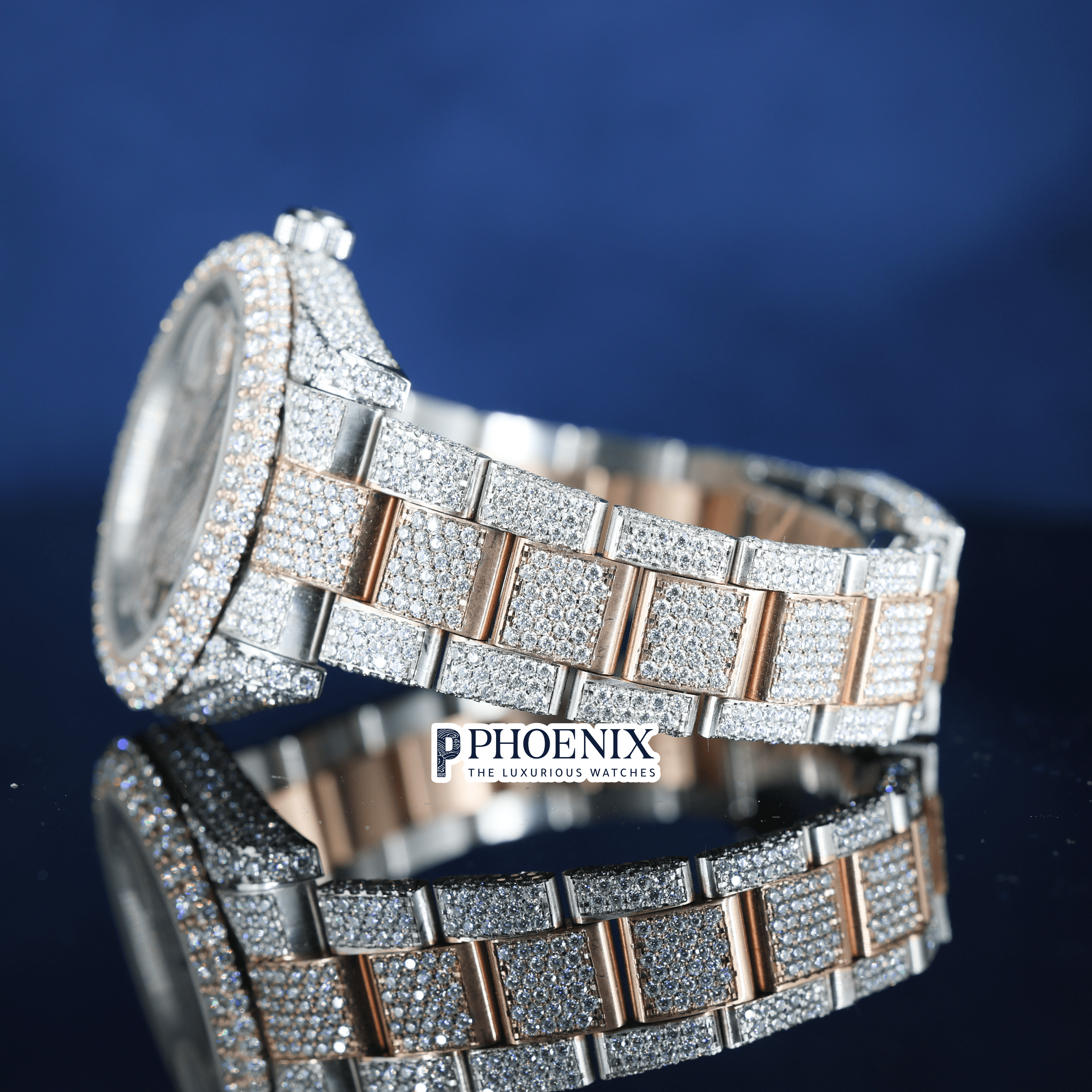 Rose Gold Roman Black Numerals Iced Out Moissanite Rolex Watch