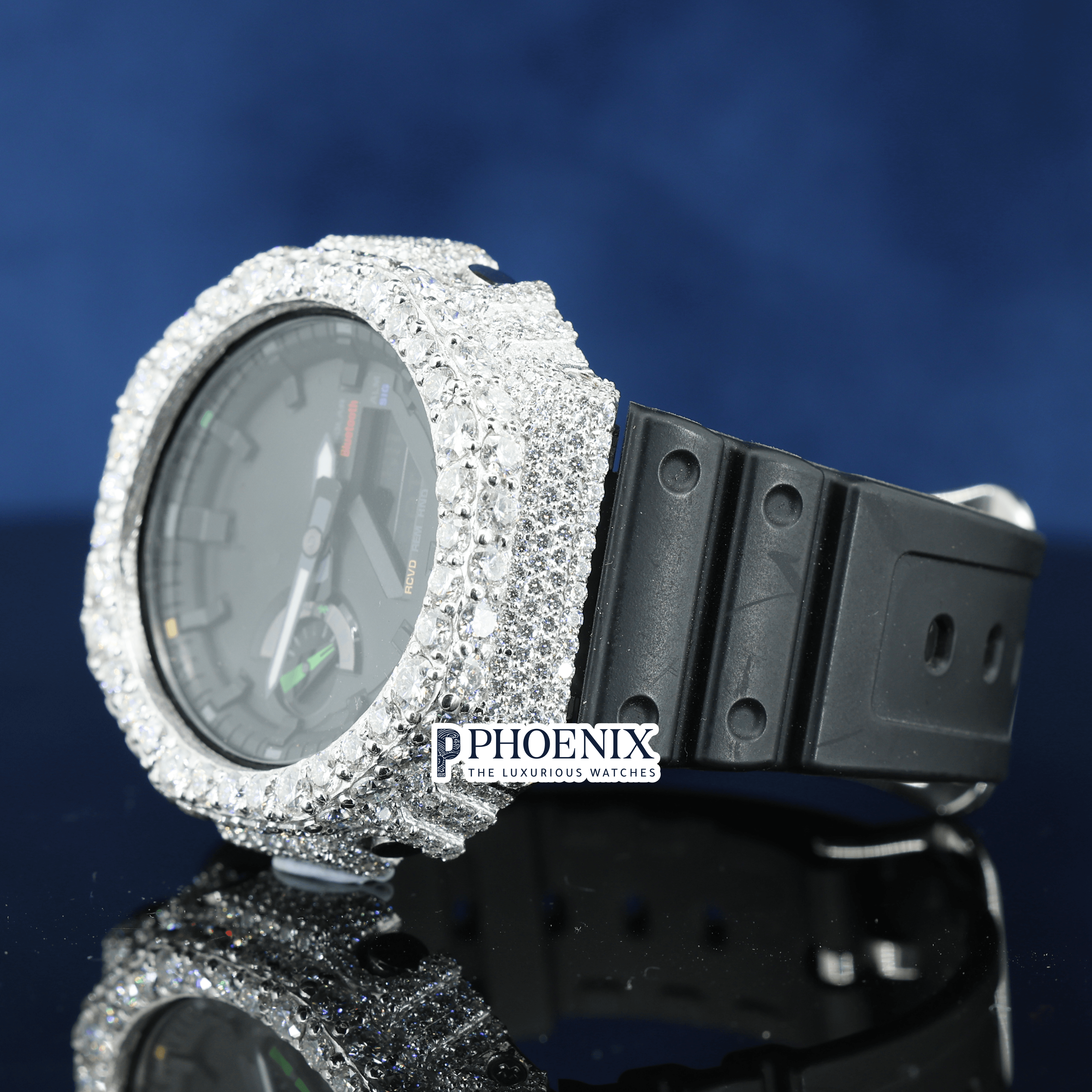 Custom Black Dial Iced Out Gshock Watch with Black Strap and Multicolor Markers
